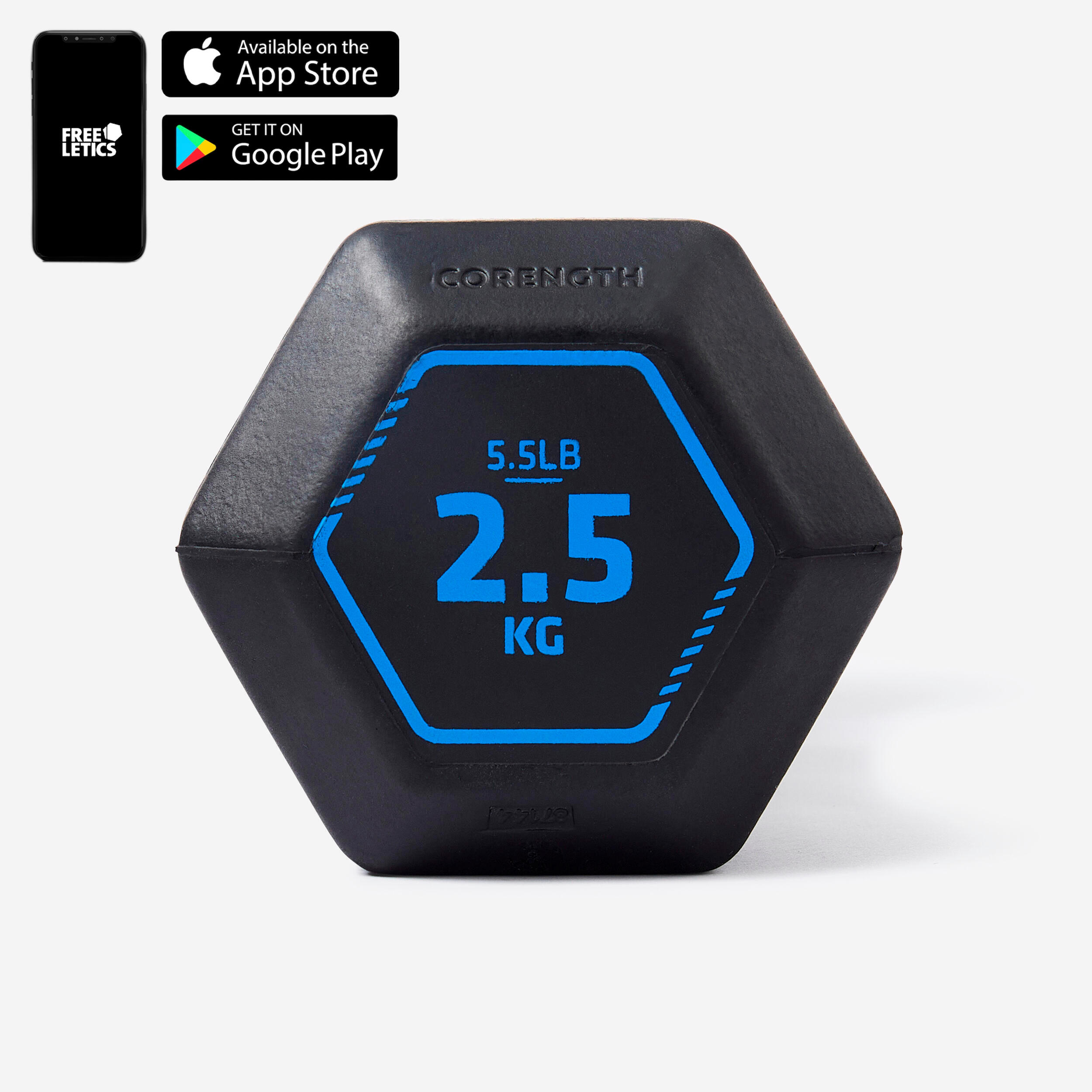 Hex Dumbbell 2.5kg, Rubber and Recycled Cast Iron with Ergonomic Grip - Black