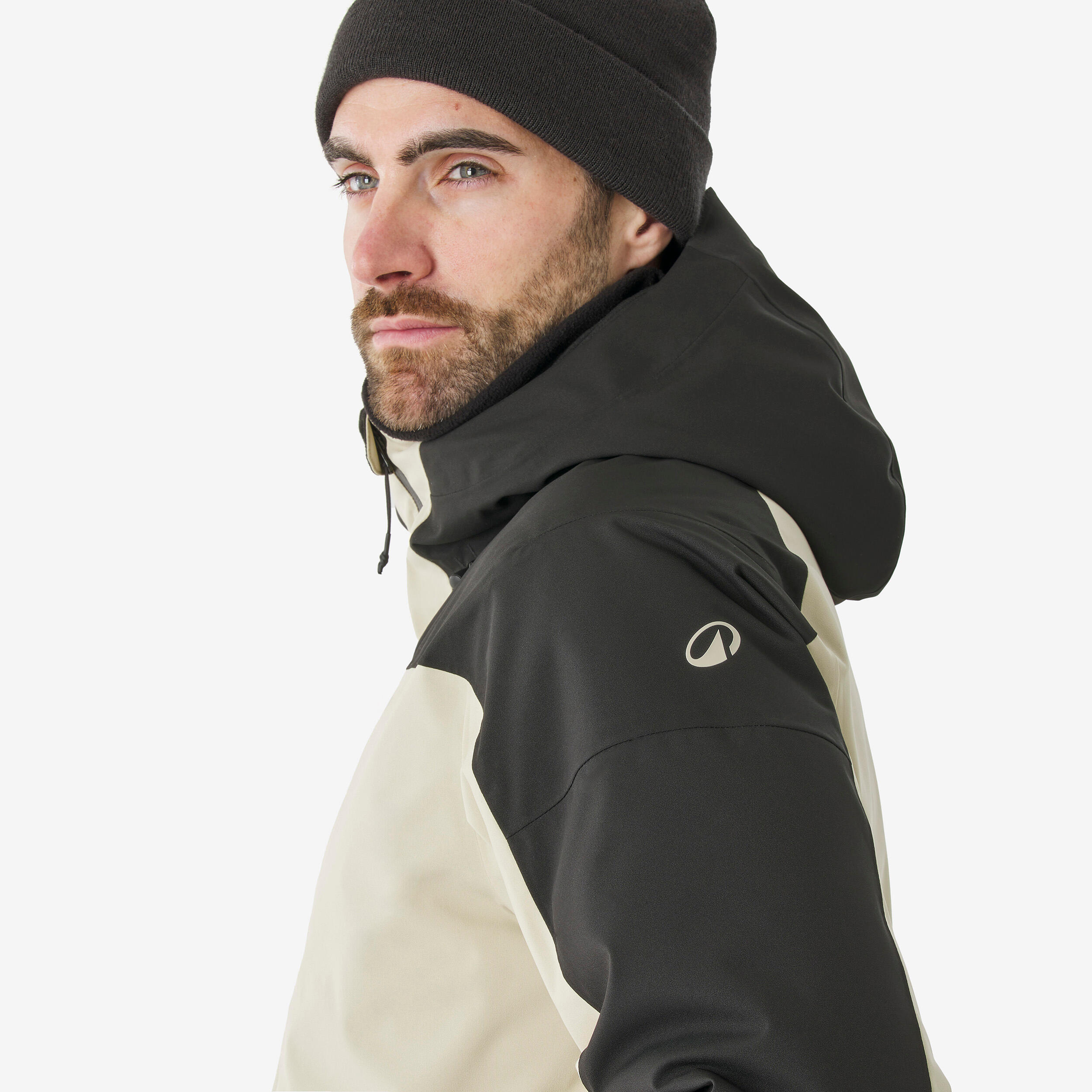 Men's warm and waterproof ski and snowboard jacket, JKT 500 beige and black