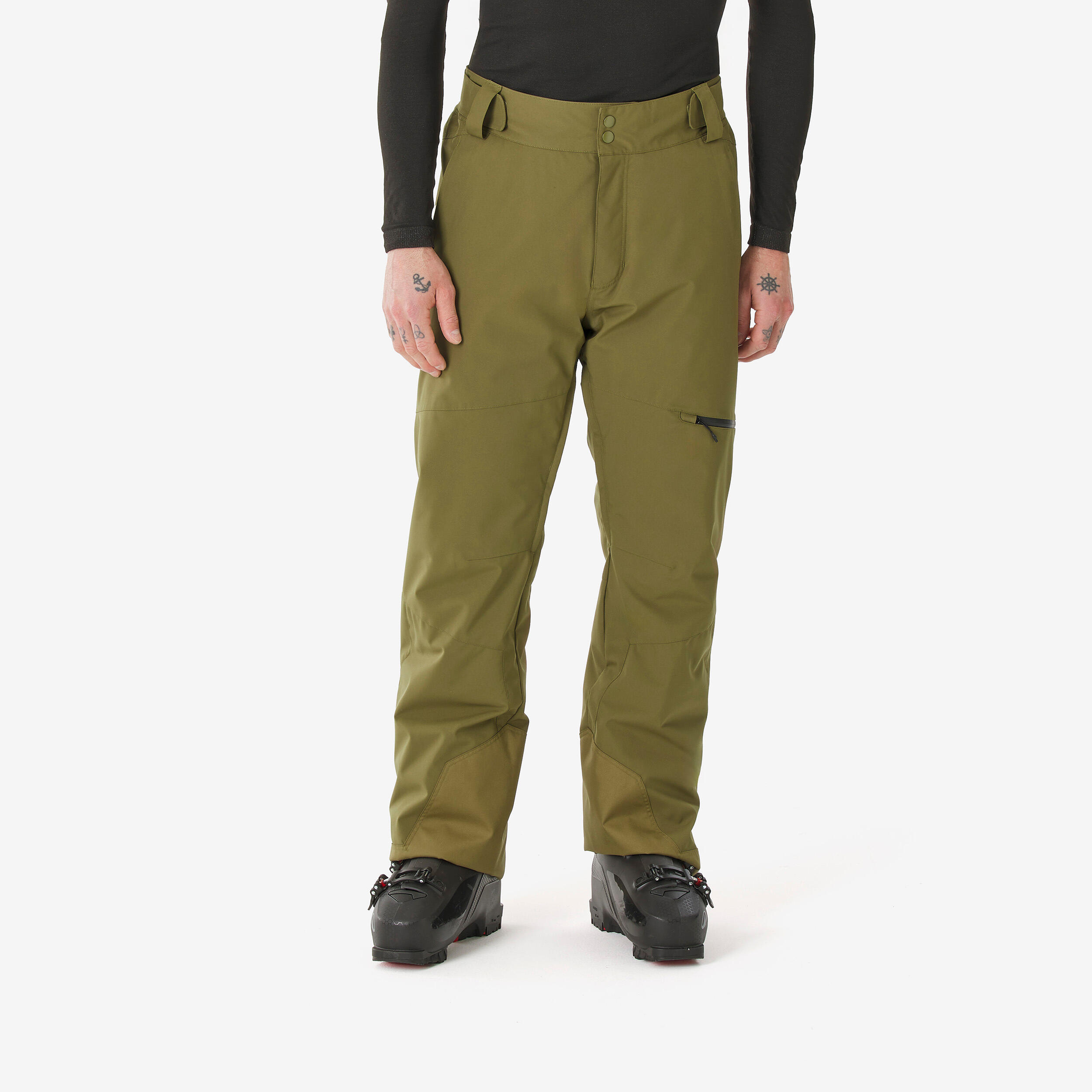 Men's extremely warm and breathable ski and snowboard trousers,  500 khaki