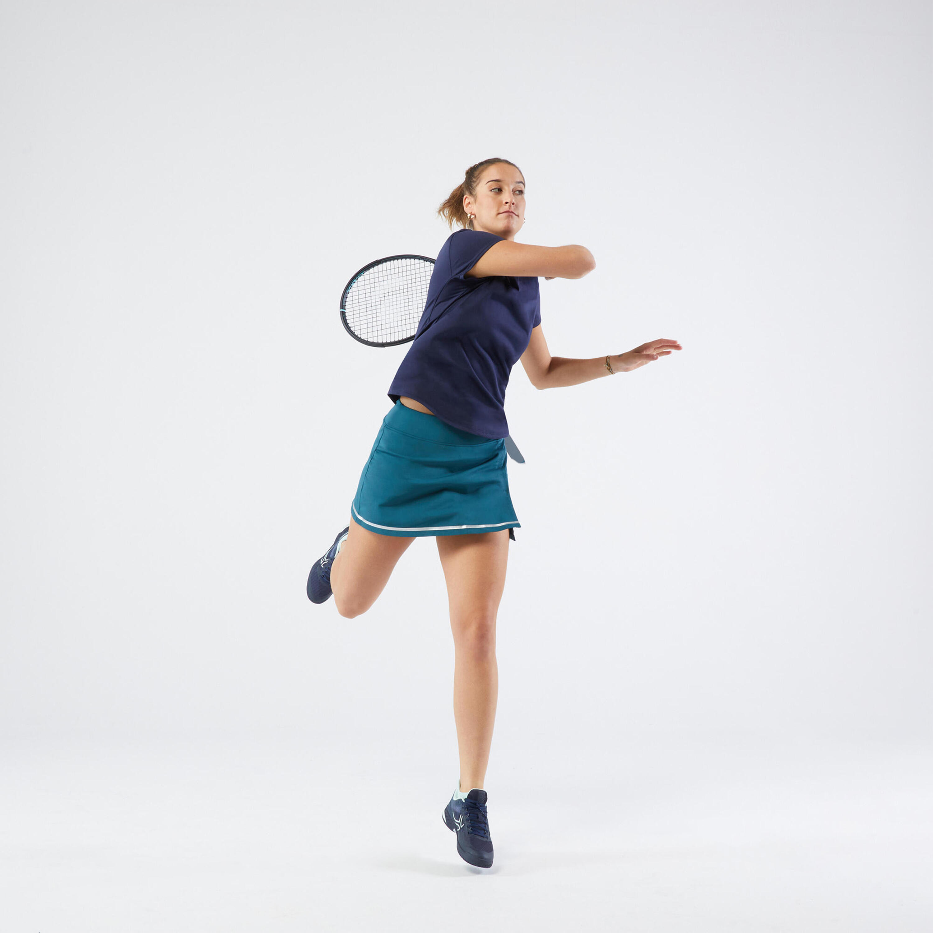 Tennisshirt voor dames Dry Essential 100 ronde hals marineblauw 3/4