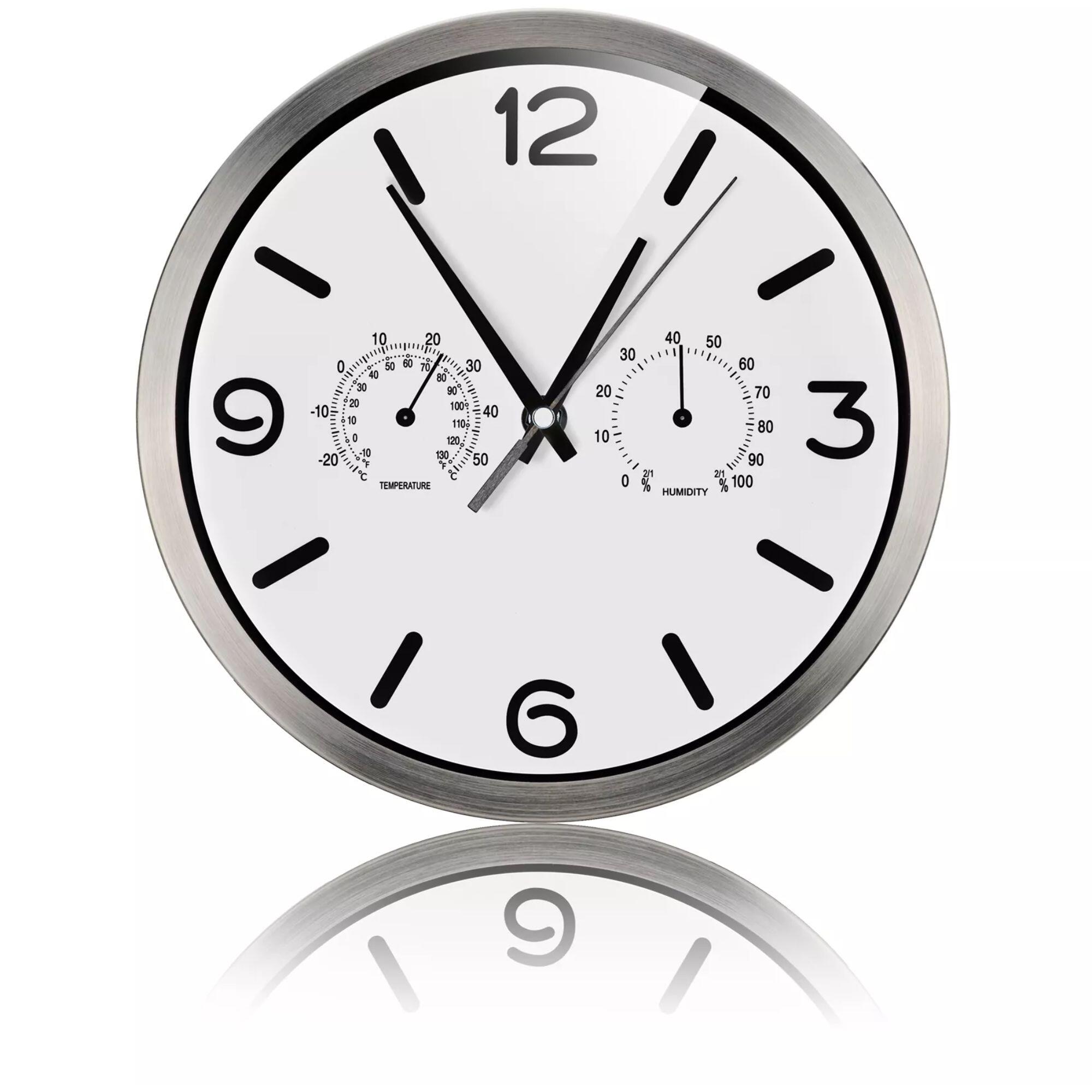 Reloj Silencioso de pared con Temperatura + Húmedad - 25cm Blanco Plateado - CD 4/6