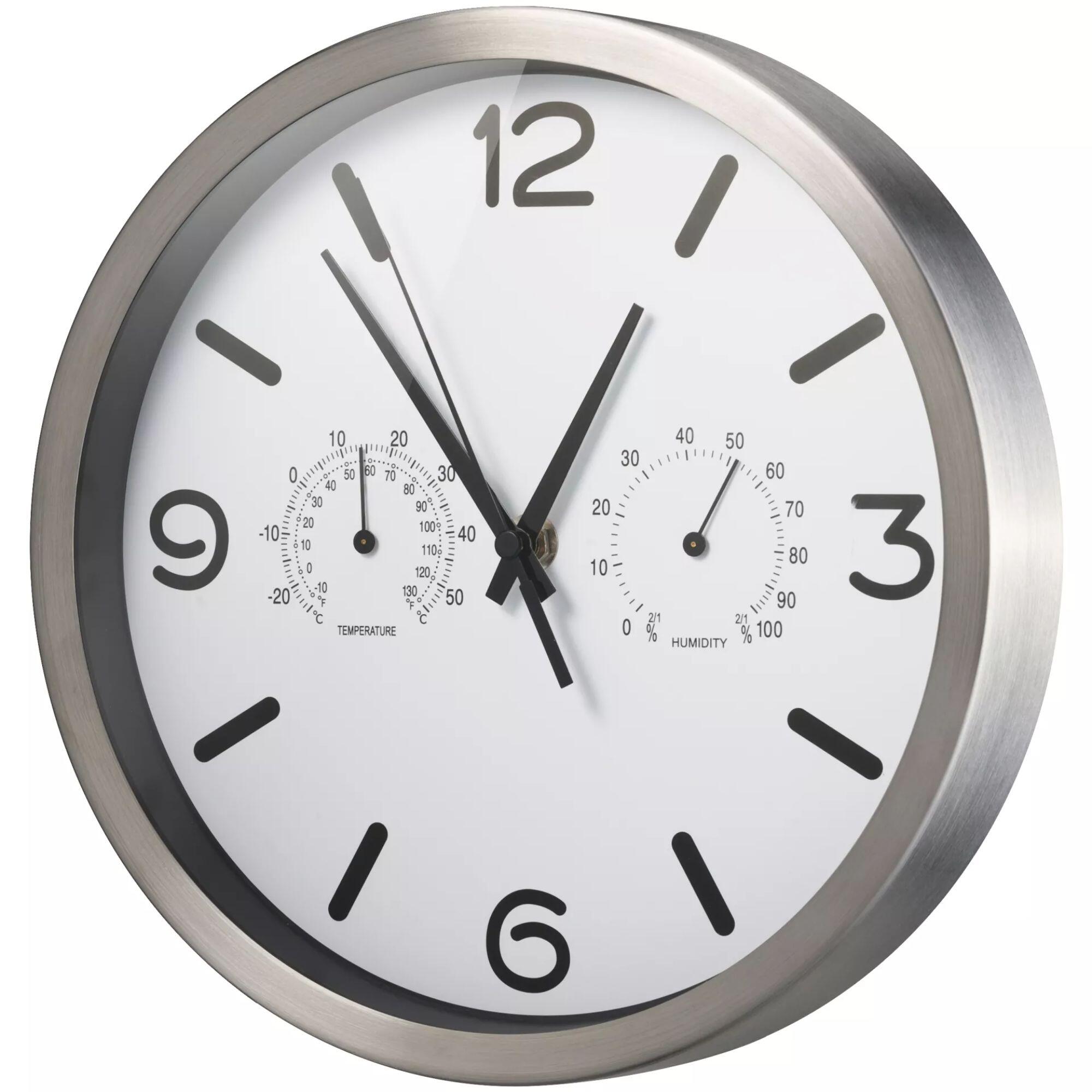 Reloj Silencioso de pared con Temperatura + Húmedad - 25cm Blanco Plateado - CD 2/6
