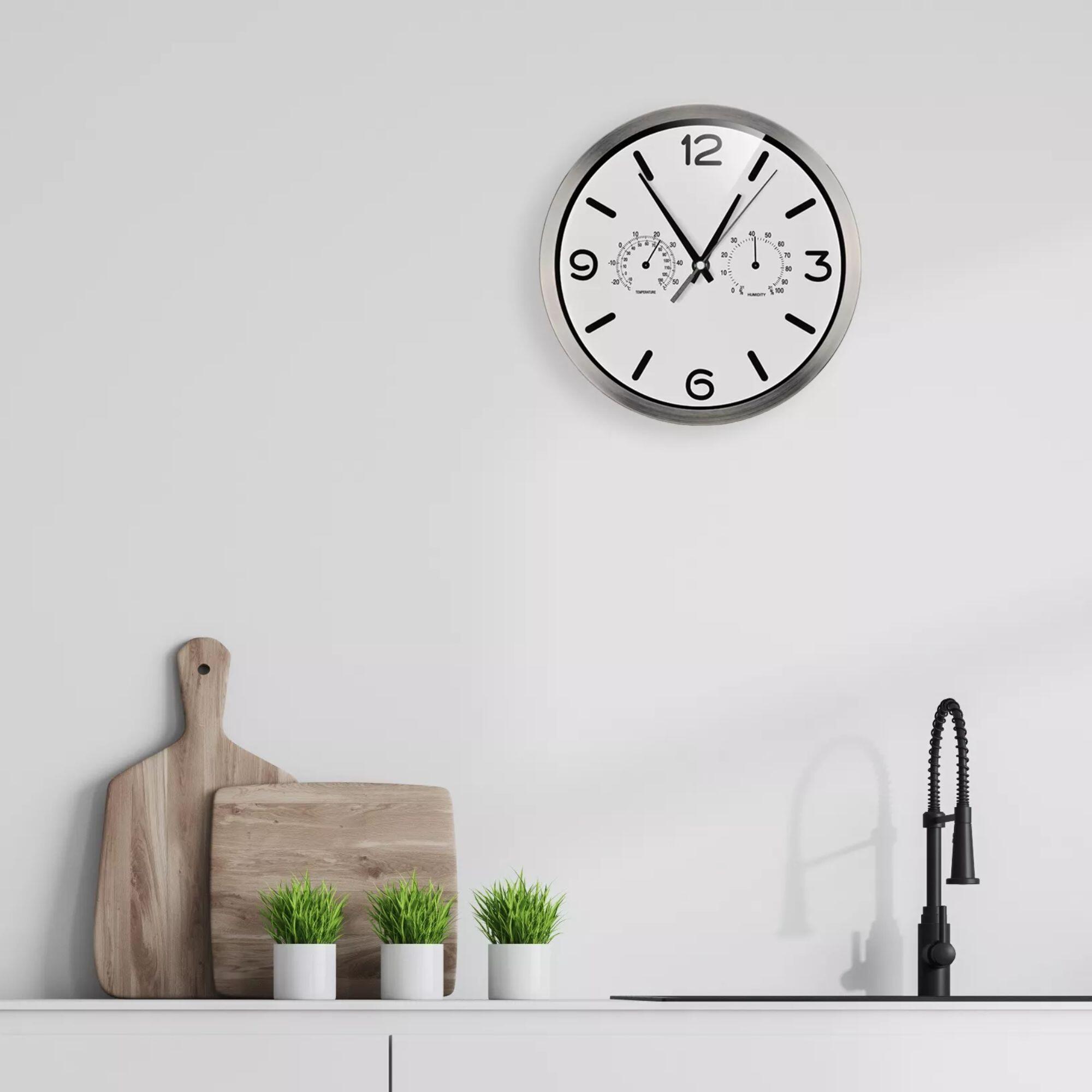 Reloj Silencioso de pared con Temperatura + Húmedad - 25cm Blanco Plateado - CD 3/6