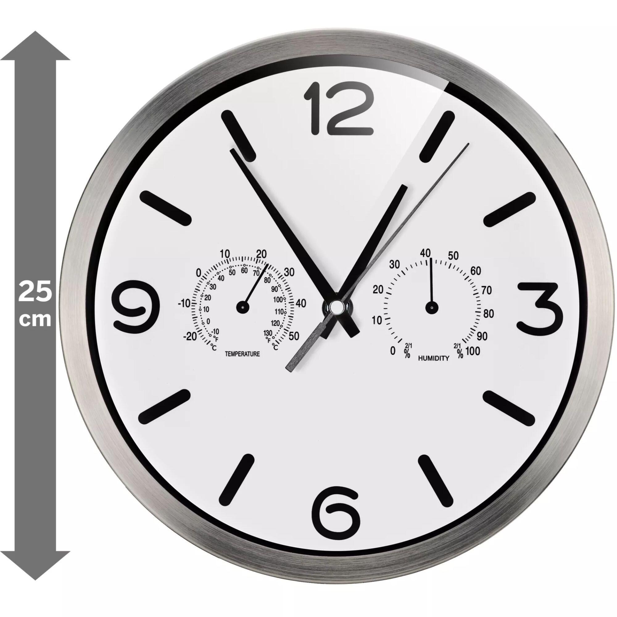Reloj Silencioso de pared con Temperatura + Húmedad - 25cm Blanco Plateado - CD 5/6