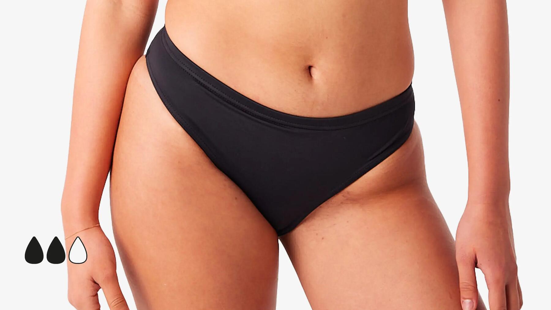 Een afbeelding van een model met een menstruatiebadslip aan met al technisch kenmerk dat het twee tampons aan bloed kan absorberen