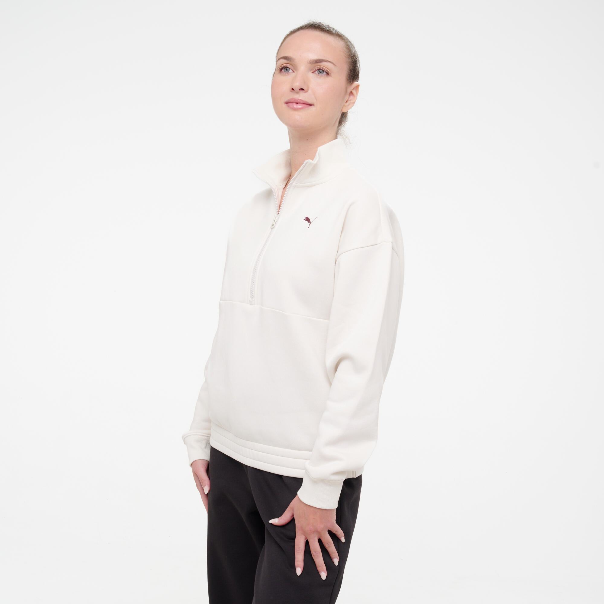 Sweat à col zippé en coton femme, blanc 4/6