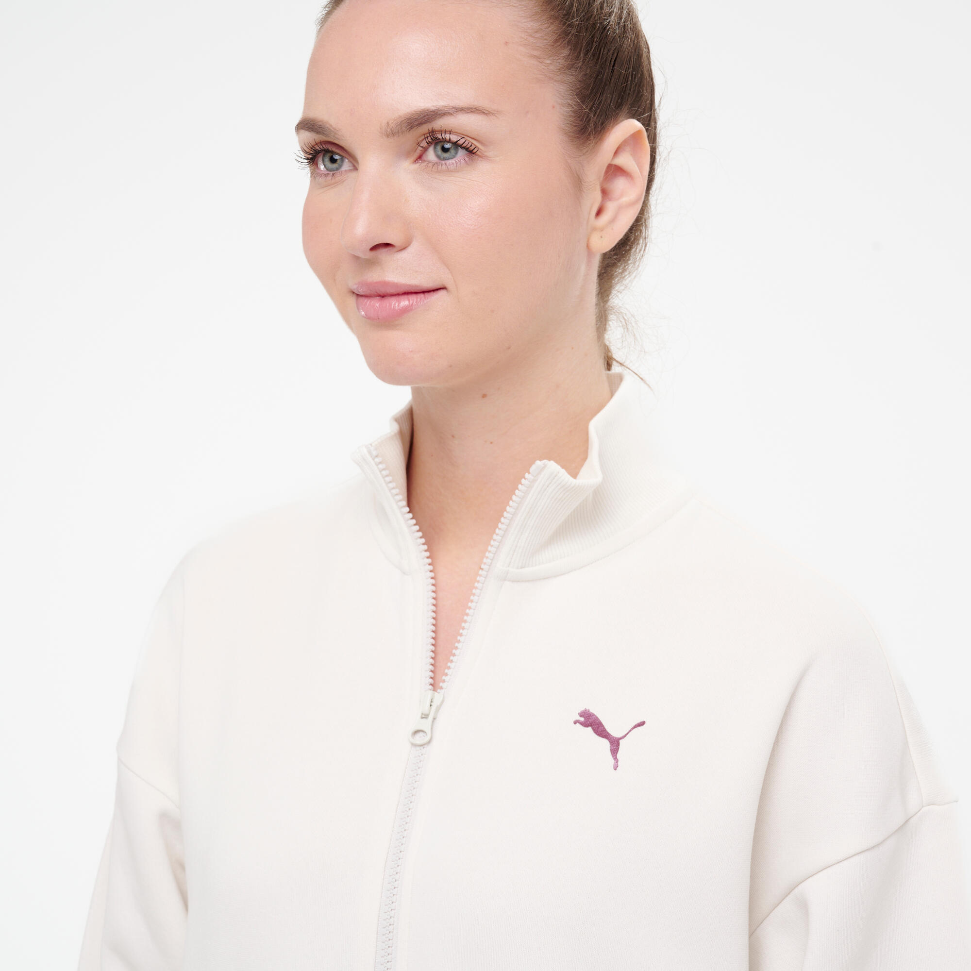 Sweat à col zippé en coton femme, blanc 5/6