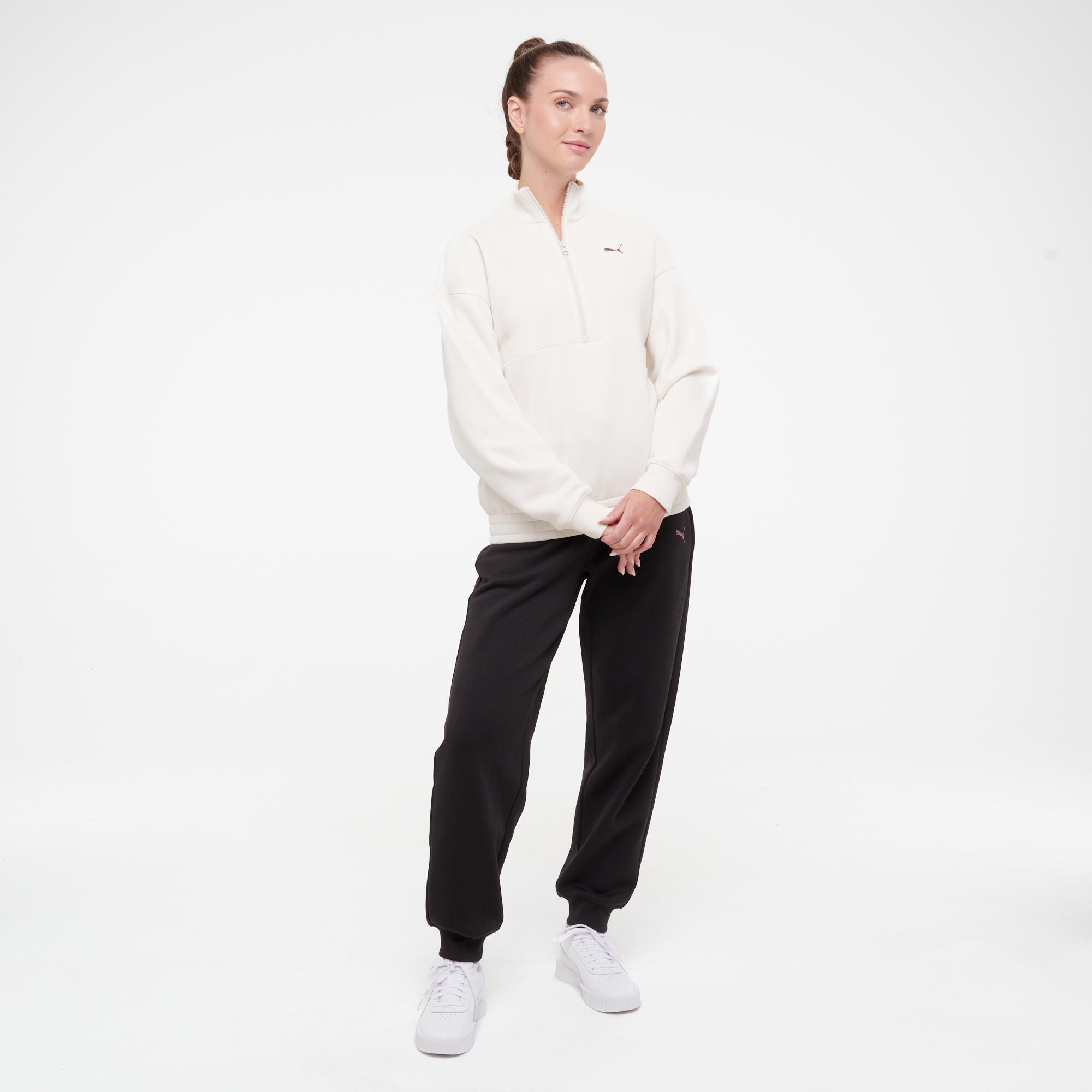 Sweat à col zippé en coton femme, blanc 3/6
