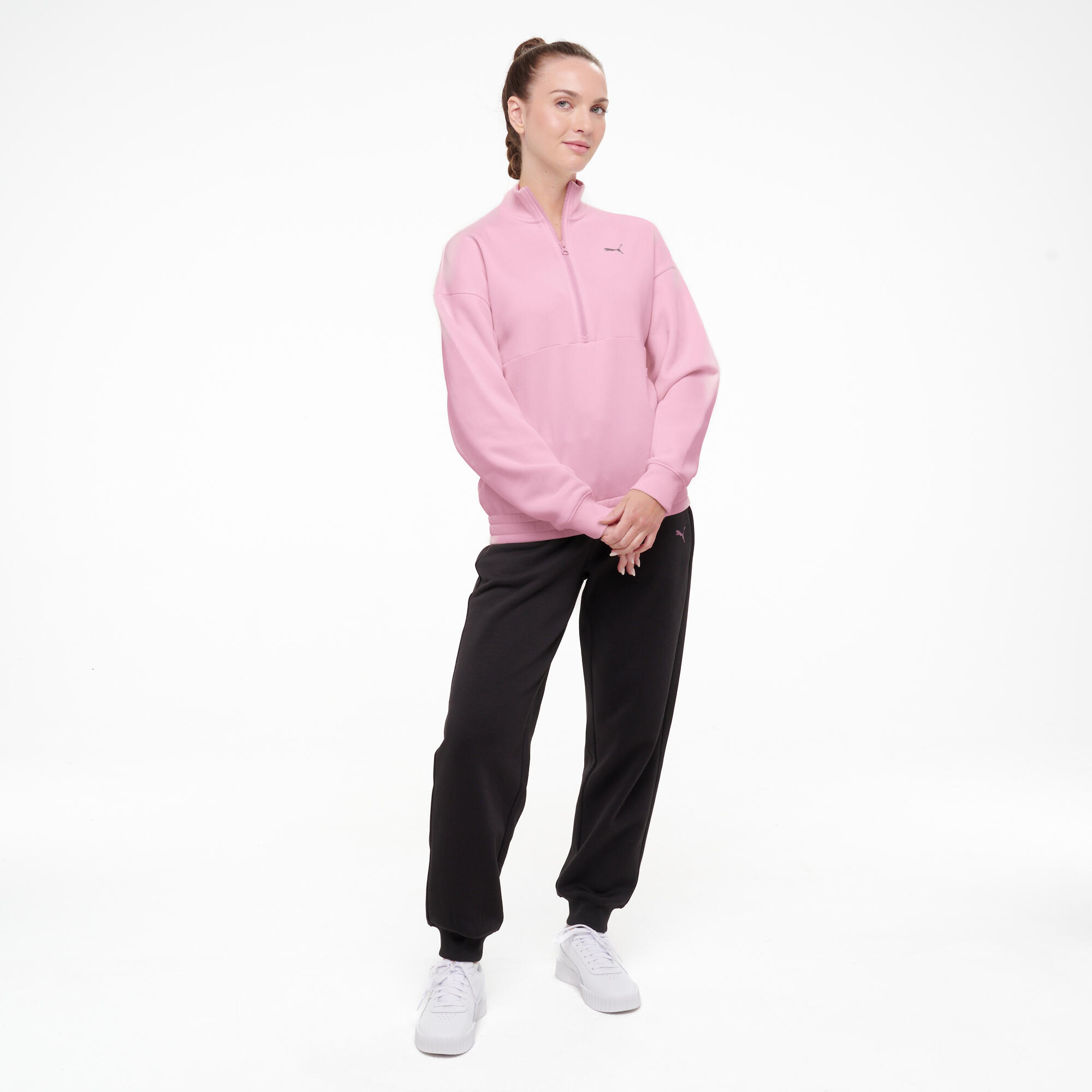 Sweat à col zippé en coton femme, rose 3/7
