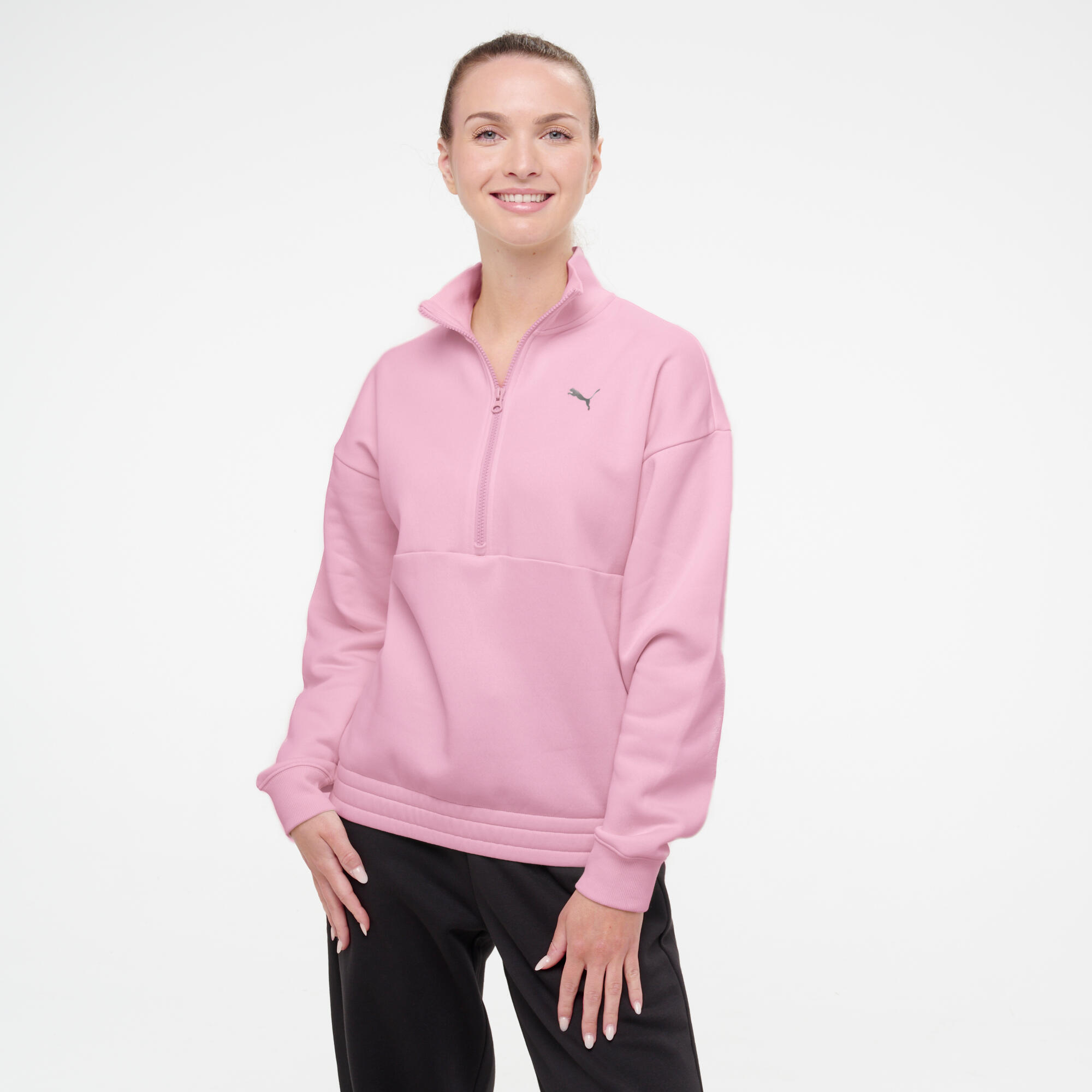 Sweat à col zippé en coton femme, rose 4/7