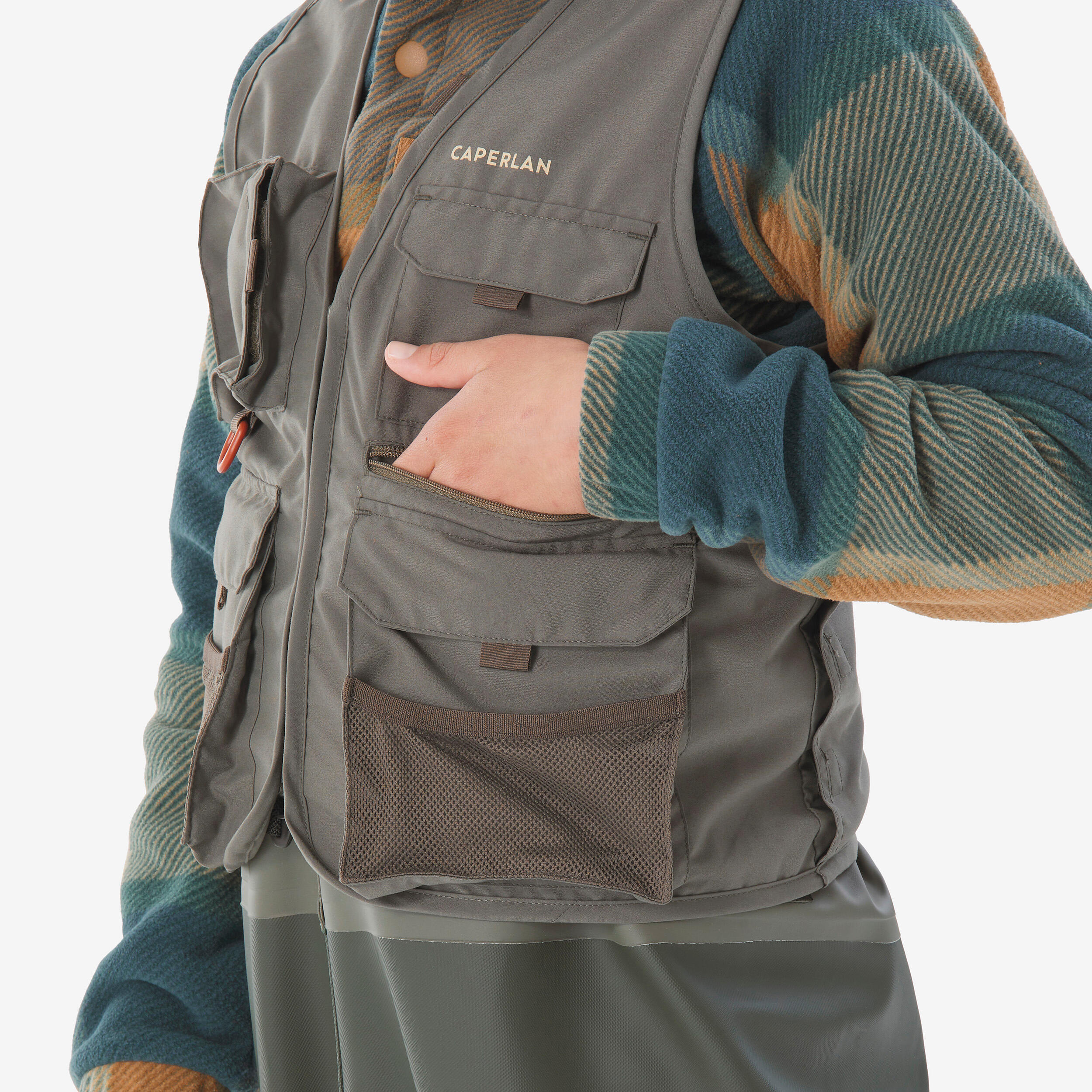 Gilet pesca bambino 100 verde militare 4/7