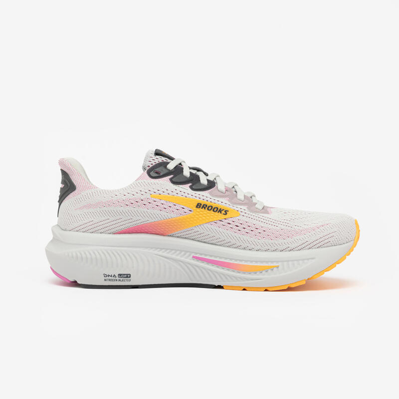 Chaussure de running femme, Brooks Ghost 17  vertes et roses.