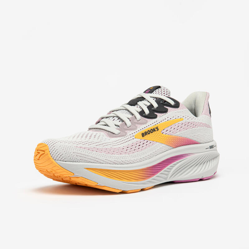 Chaussure de running femme, Brooks Ghost 17  vertes et roses.