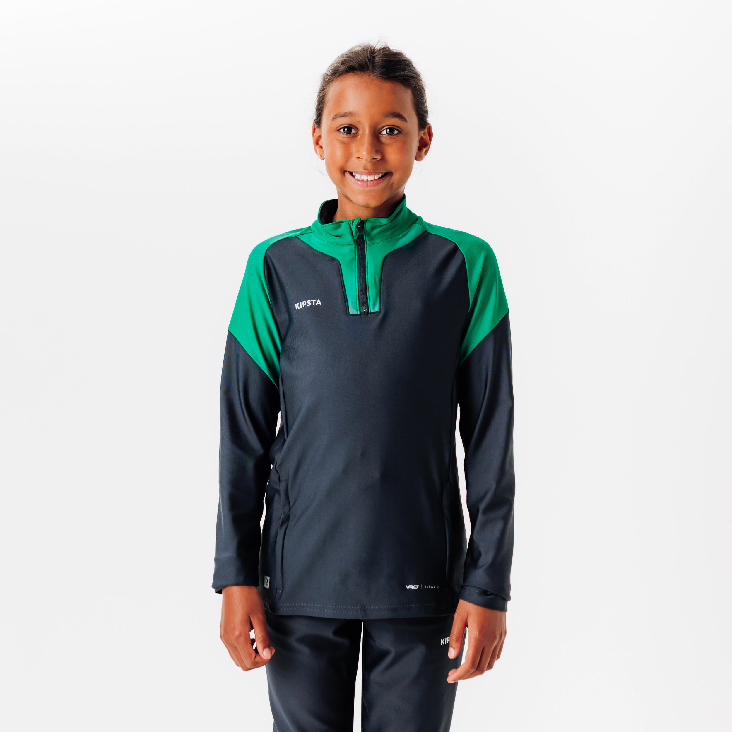 KIPSTA Kids' 1/2-Zip Football Sweatshirt Viralto Club - Green/Carbon Grey