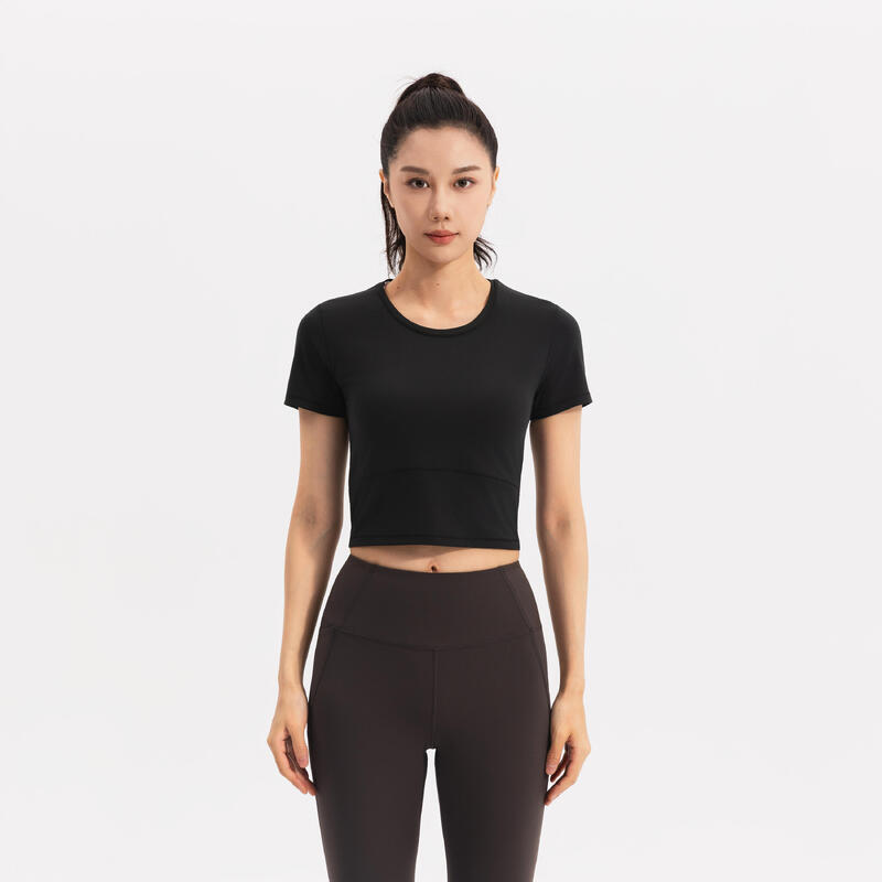 Tricou de yoga și pilates, elastic și moale, Breathe negru, damă
