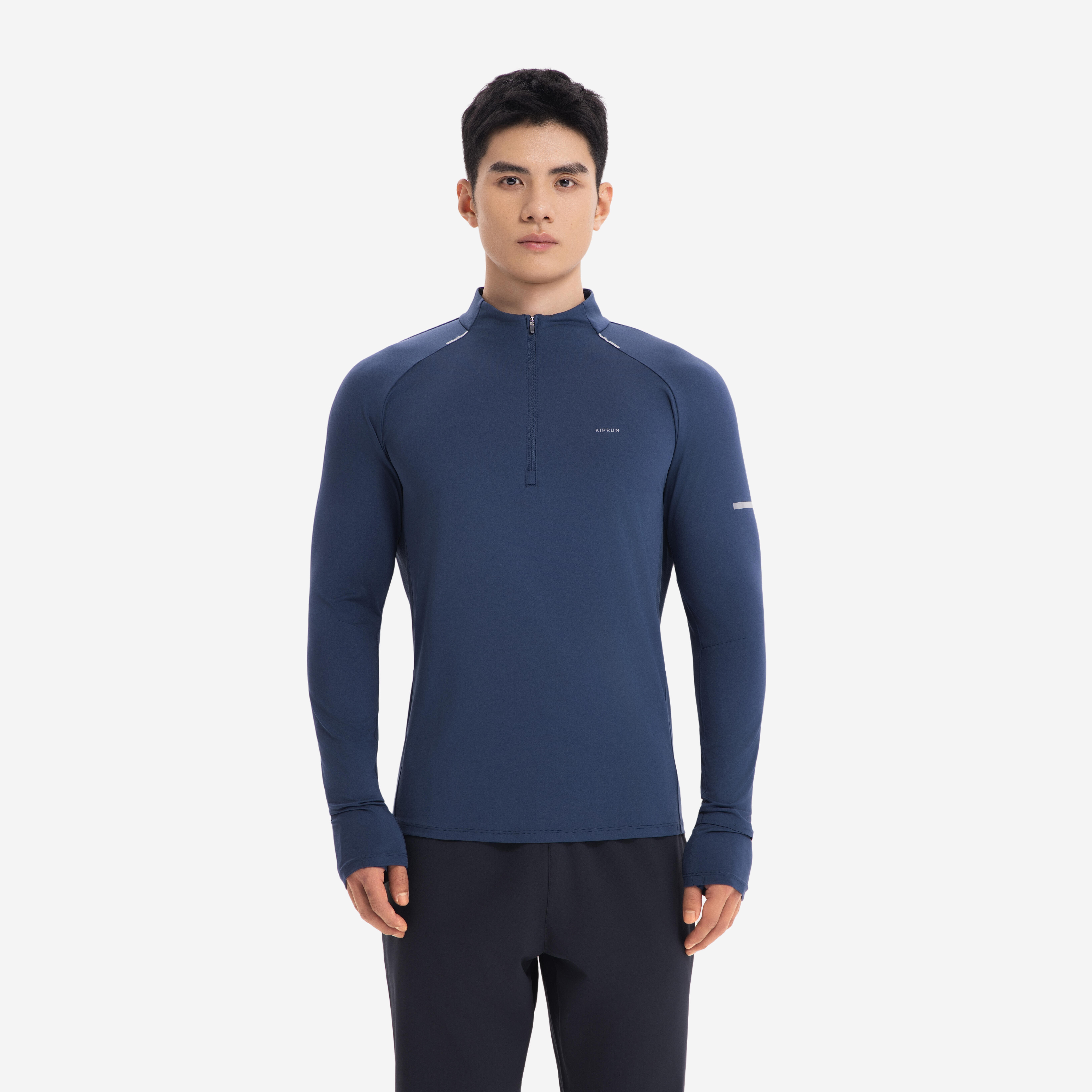 Men's 1/2 Zip Long-Sleeved Running T-Shirt - Black