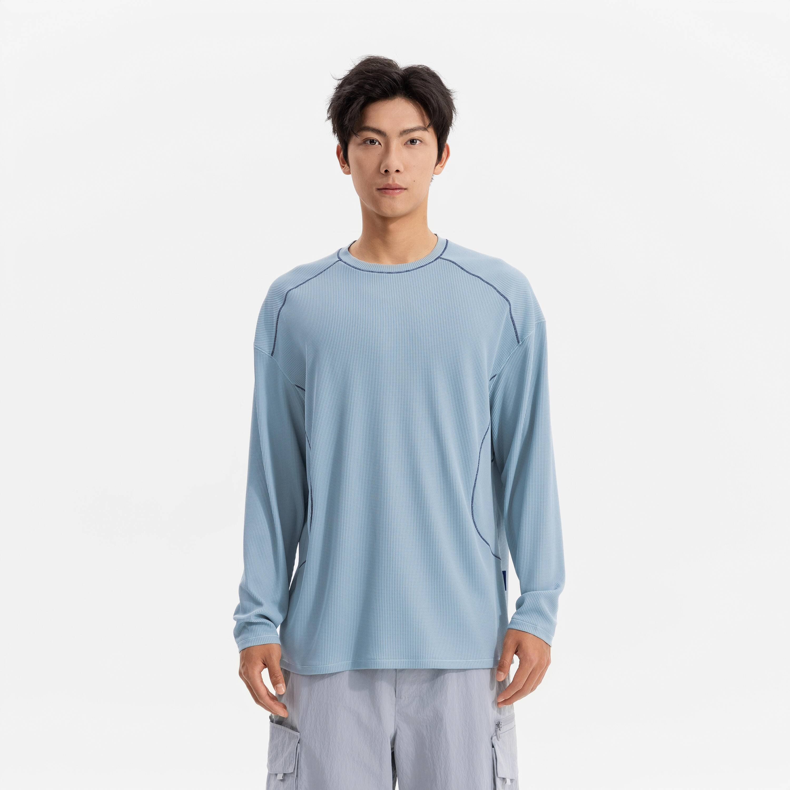 Sportswear long-sleeved waffle T-shirt-steel blue