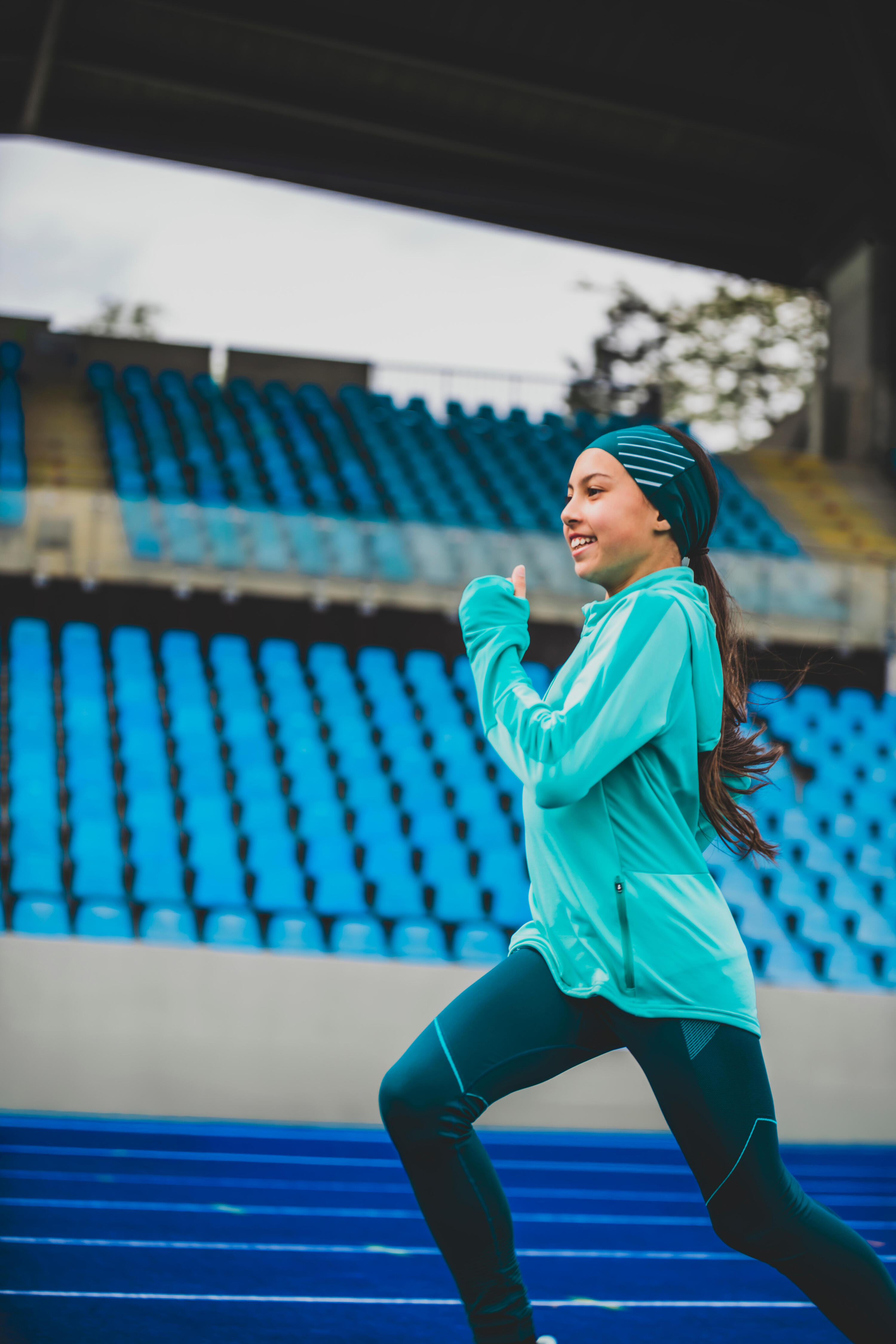 Maglia manica lunga running bambina WARM+ verde-turchese 9/10