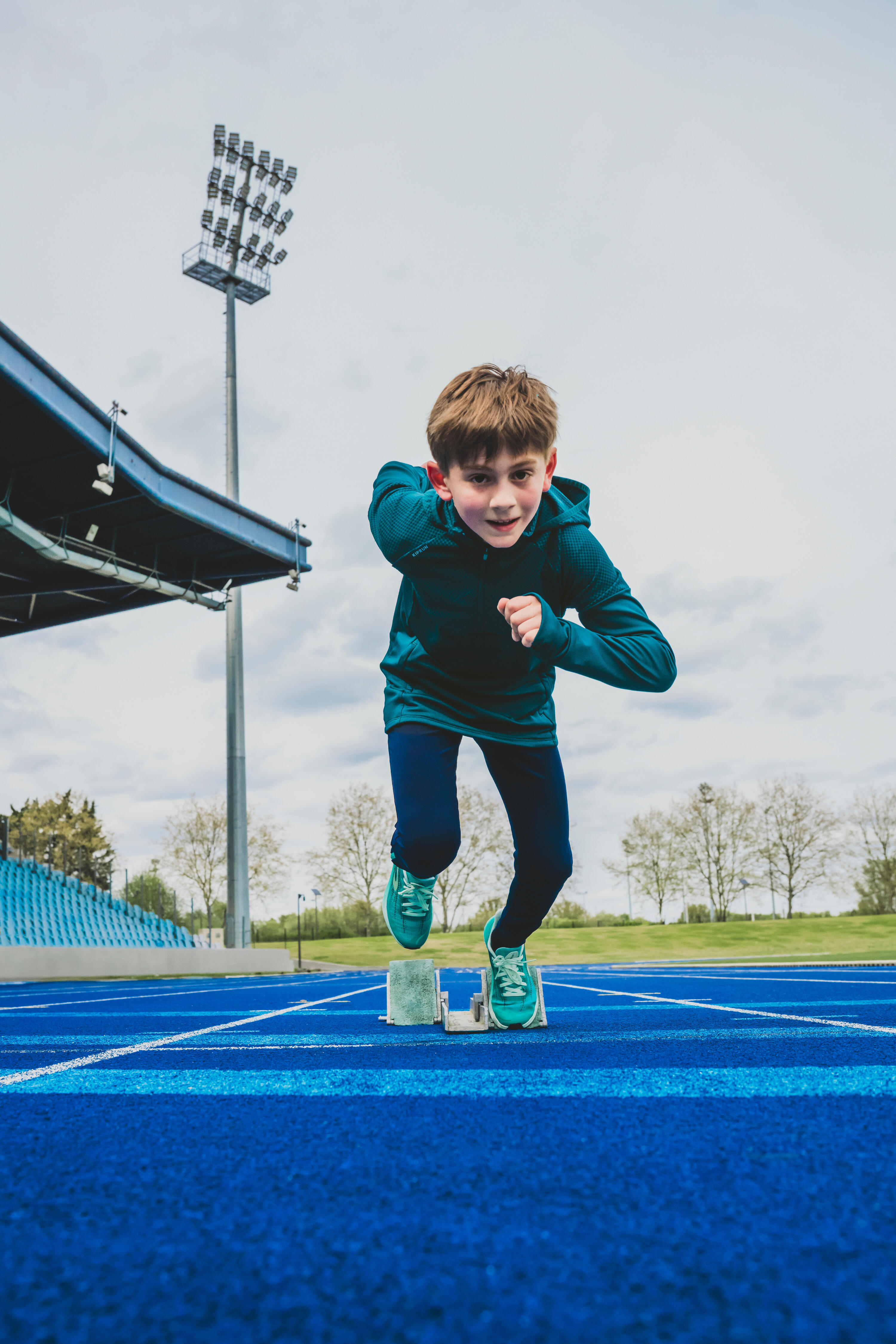 T-Shirt manches longues chaud Running Enfant,  KIPRUN WARM+ 900 BLEU CANARD 10/14