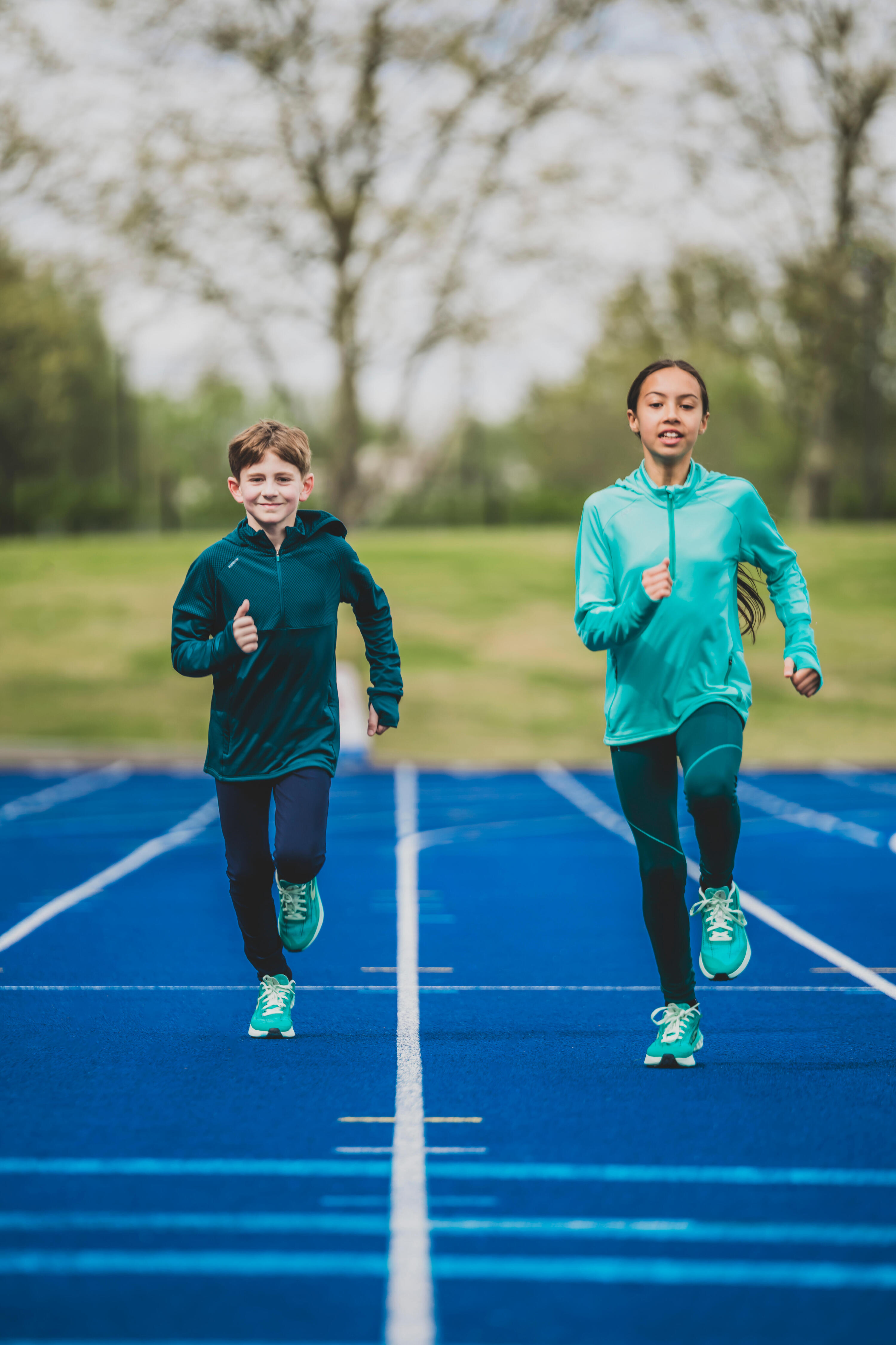 Maglia manica lunga running bambina WARM+ verde-turchese 10/10