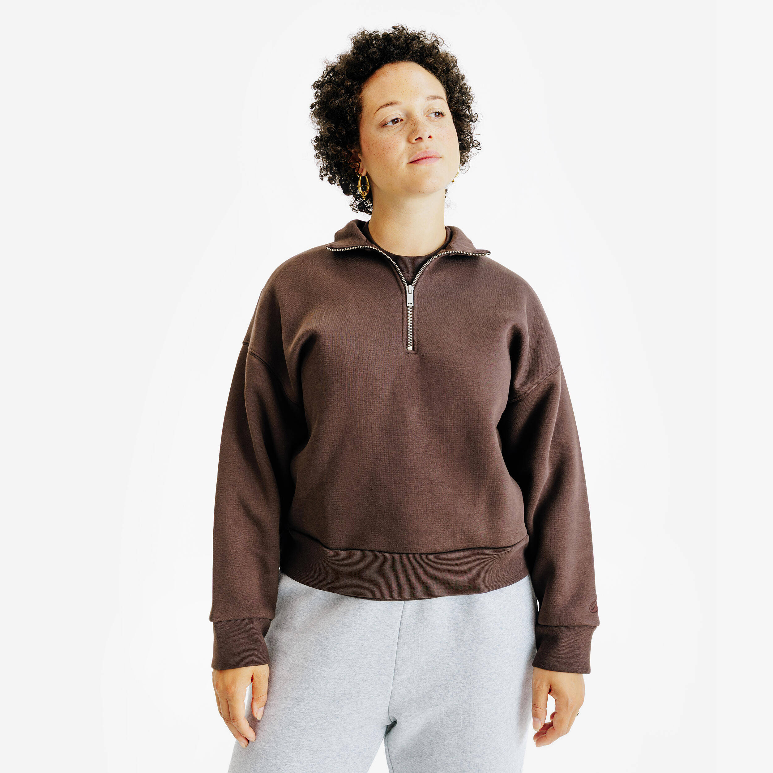 Women's Zipped Neck Sweatshirt Elementals Brown -  1