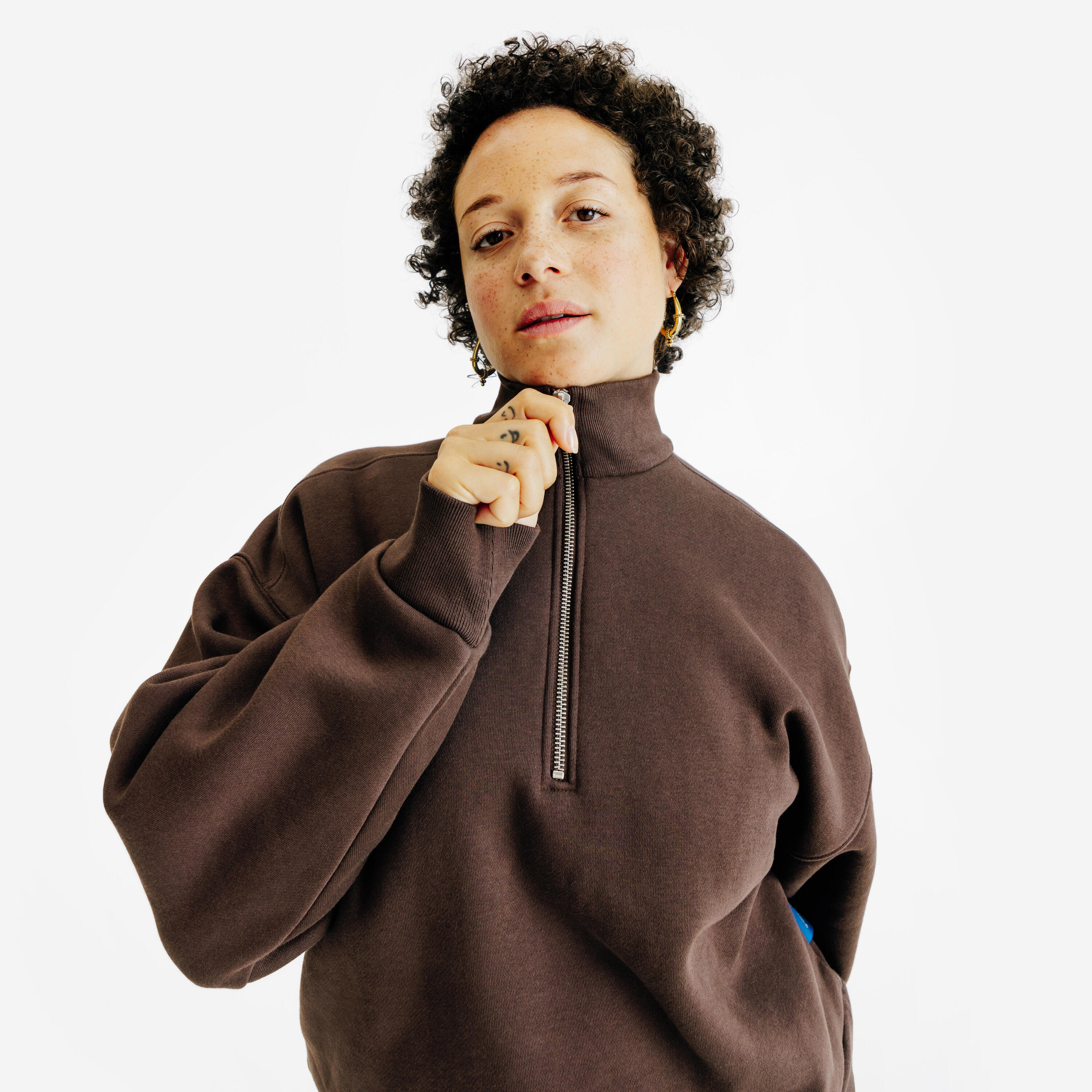 Sweat à col zippé femme, Elementals, marron 3/6
