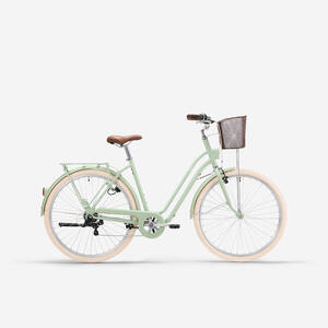 Bicicleta urbana clásica cuadro bajo 28 pulgadas 6 V Elops 520 verde almendra