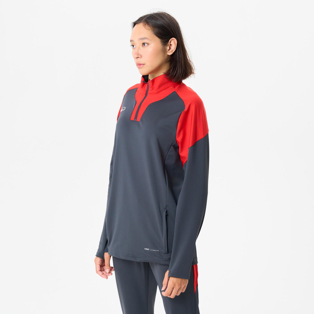 Sweat de football 1/2 zip viralto club gris anthracite et rouge.