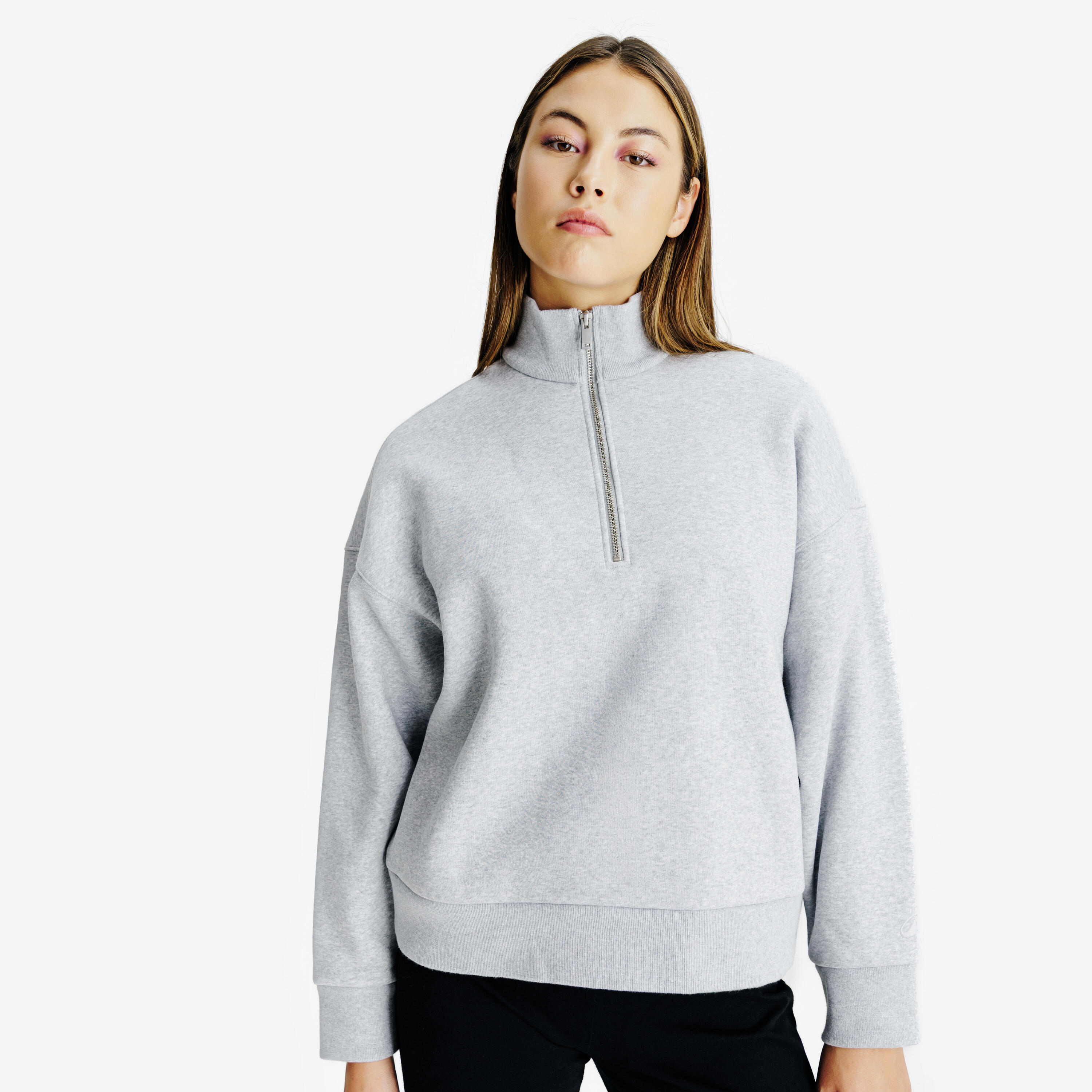 DECATHLON Sweatshirt Damen Reißverschluss am Kragen - Elementals grau meliert