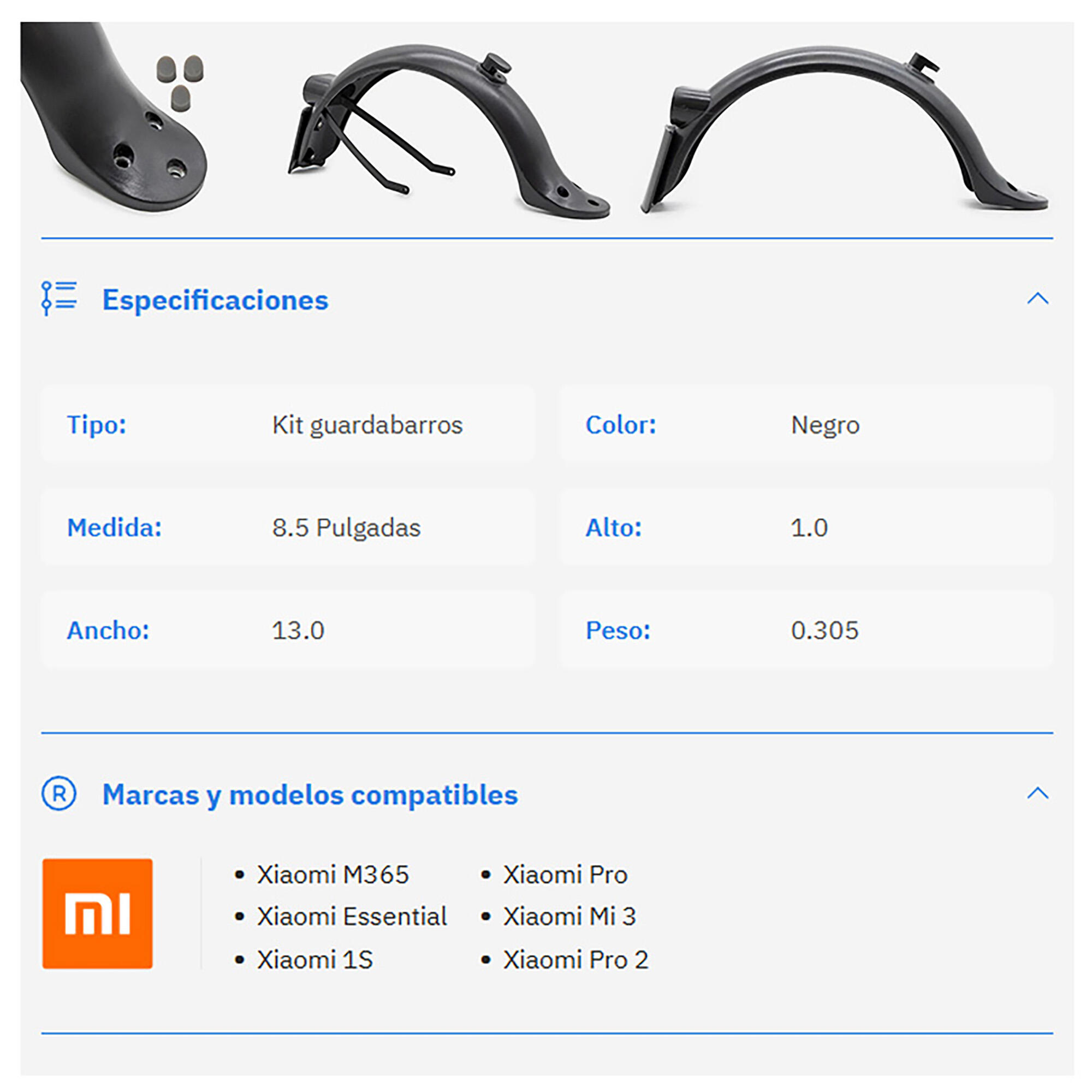 Kit guardabarros con soporte metálico 8,5" para Xiaomi 4/9