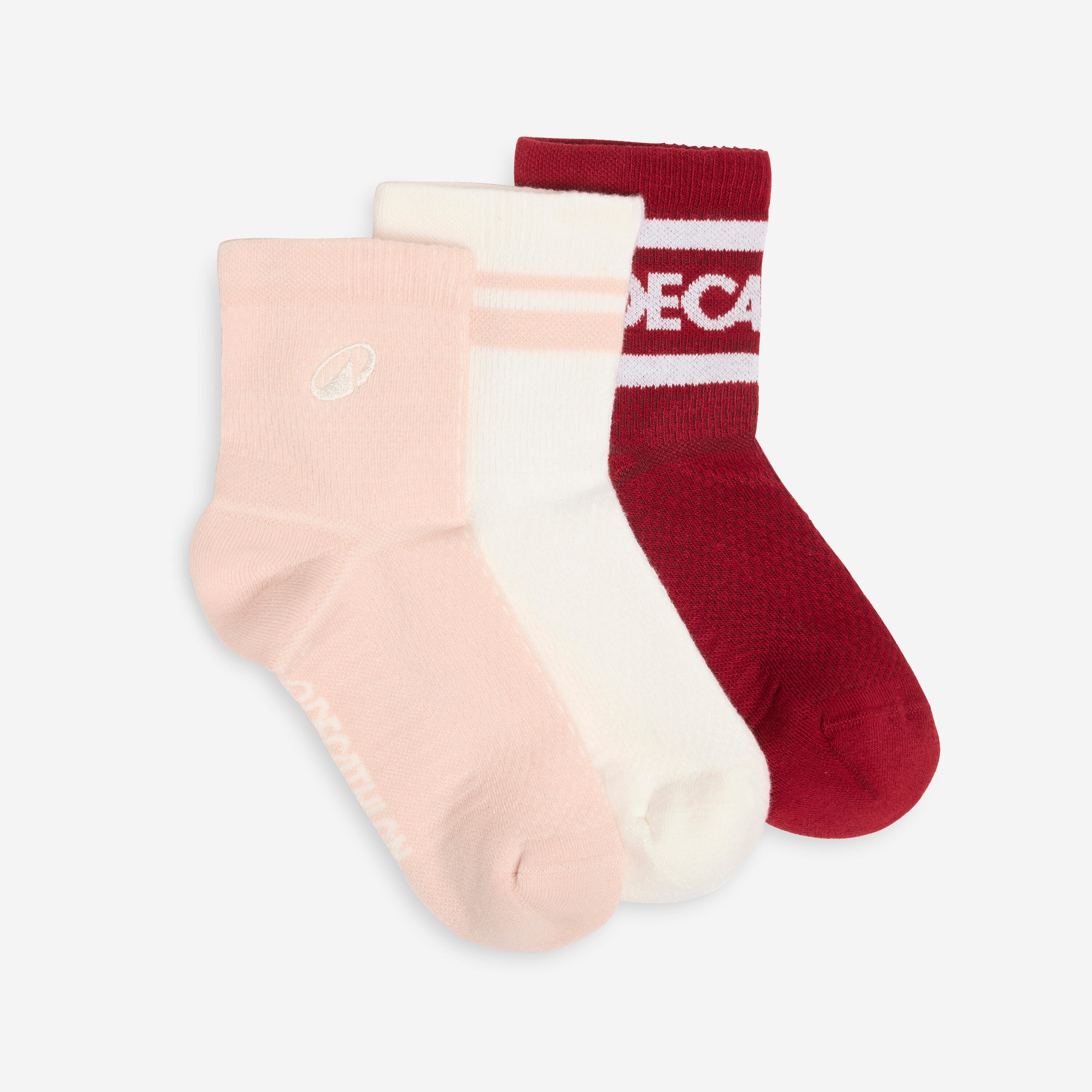 DECATHLON Ankle socks, pink and white, pack of 3