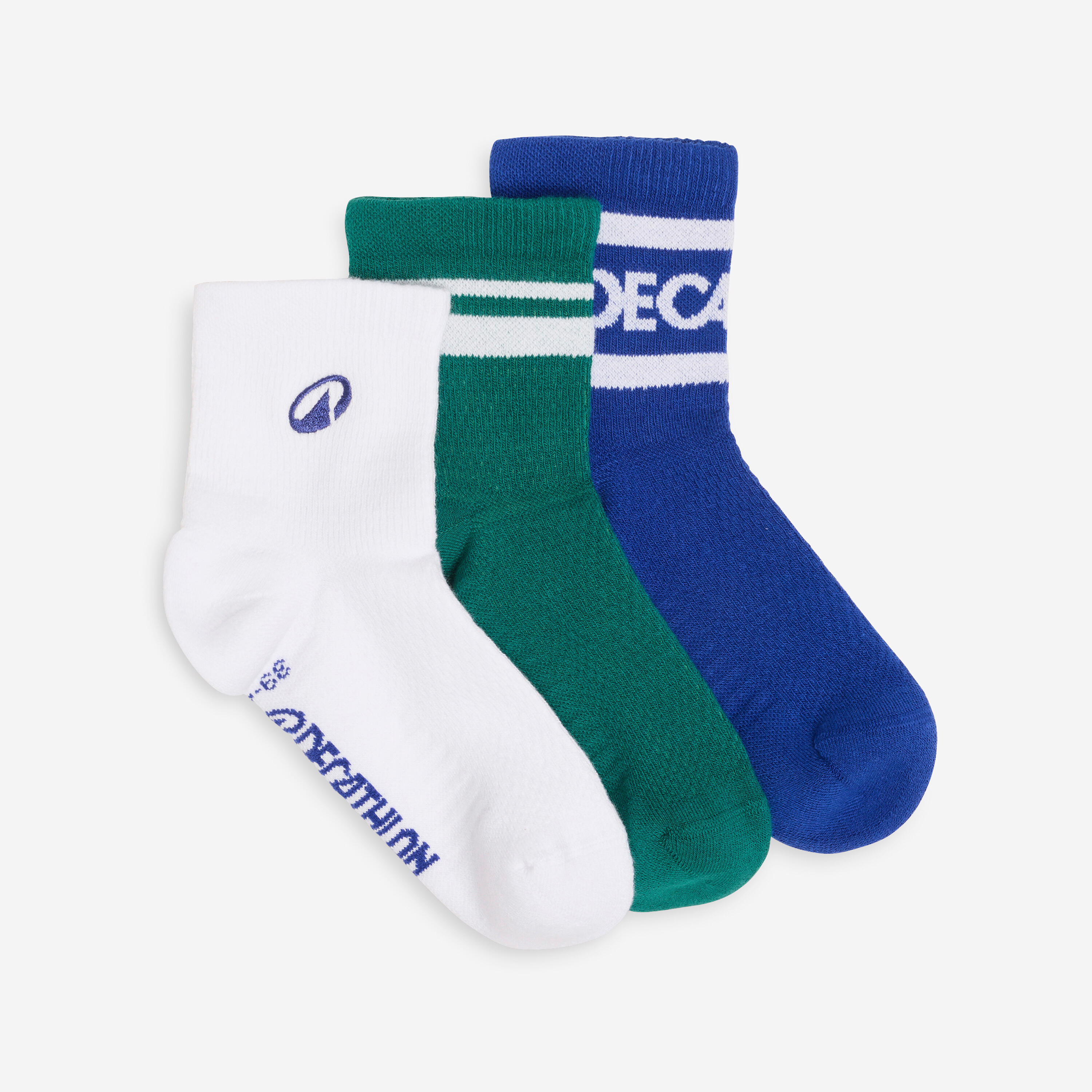 DECATHLON Ankle socks, blue, green and white, pack of 3