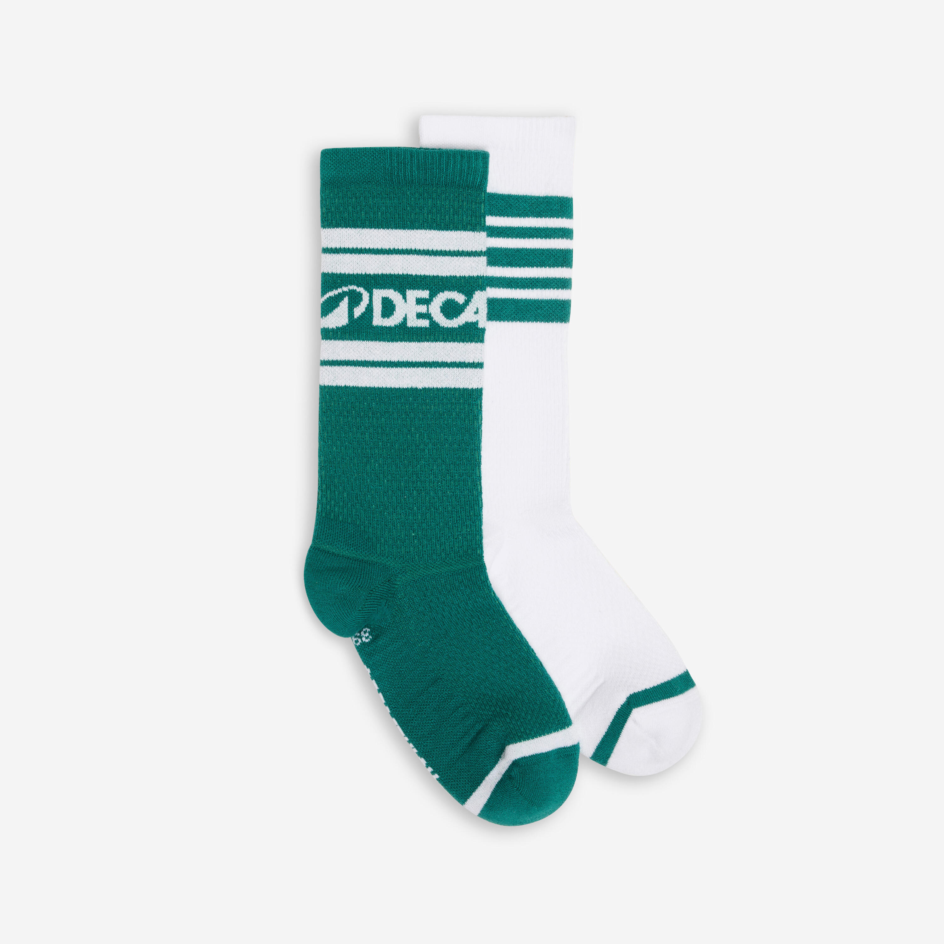 DECATHLON Mid-calf socks, green and white, pack of 2