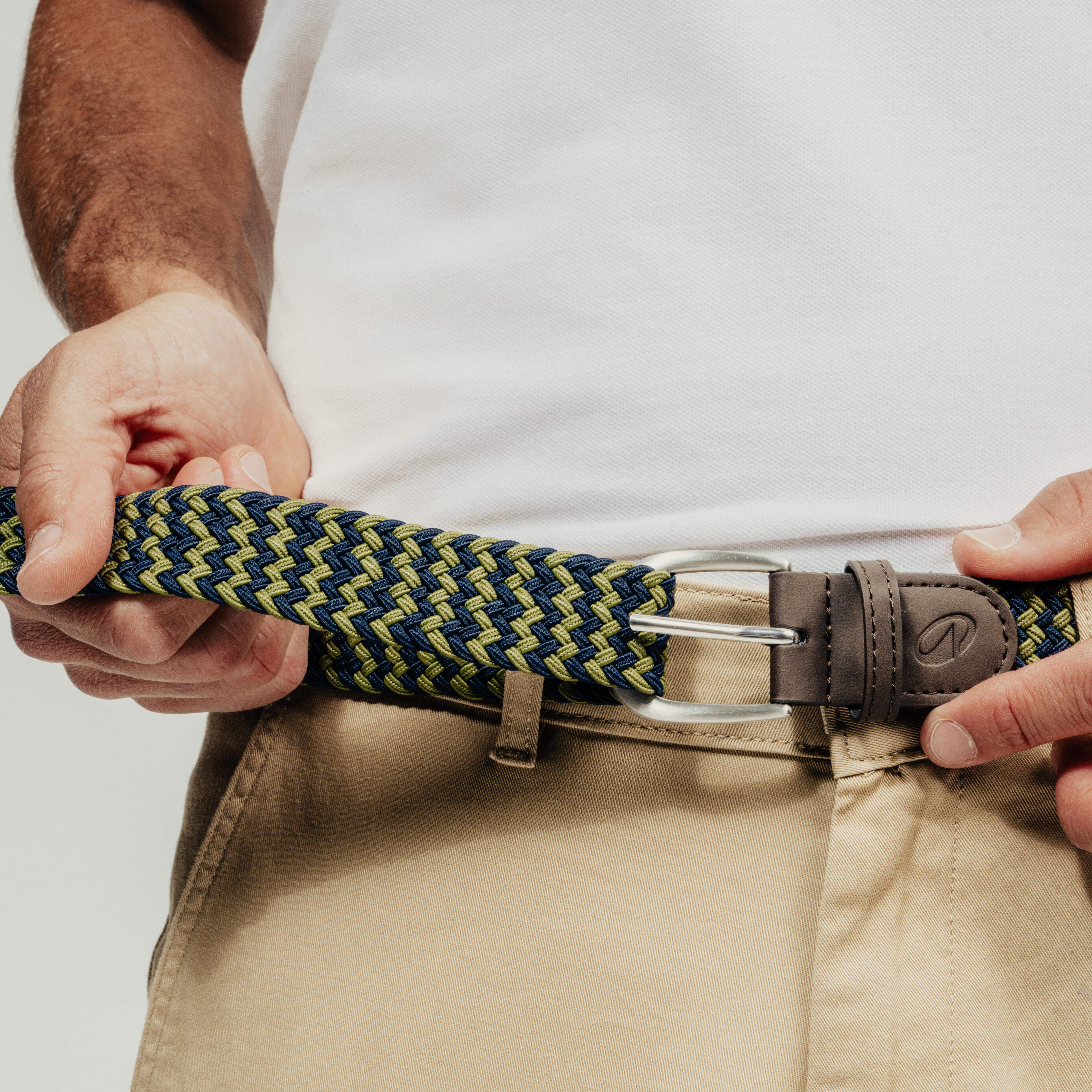 Elastic & Stretchy Braided Golf Belt, Navy Blue and Green - INESIS