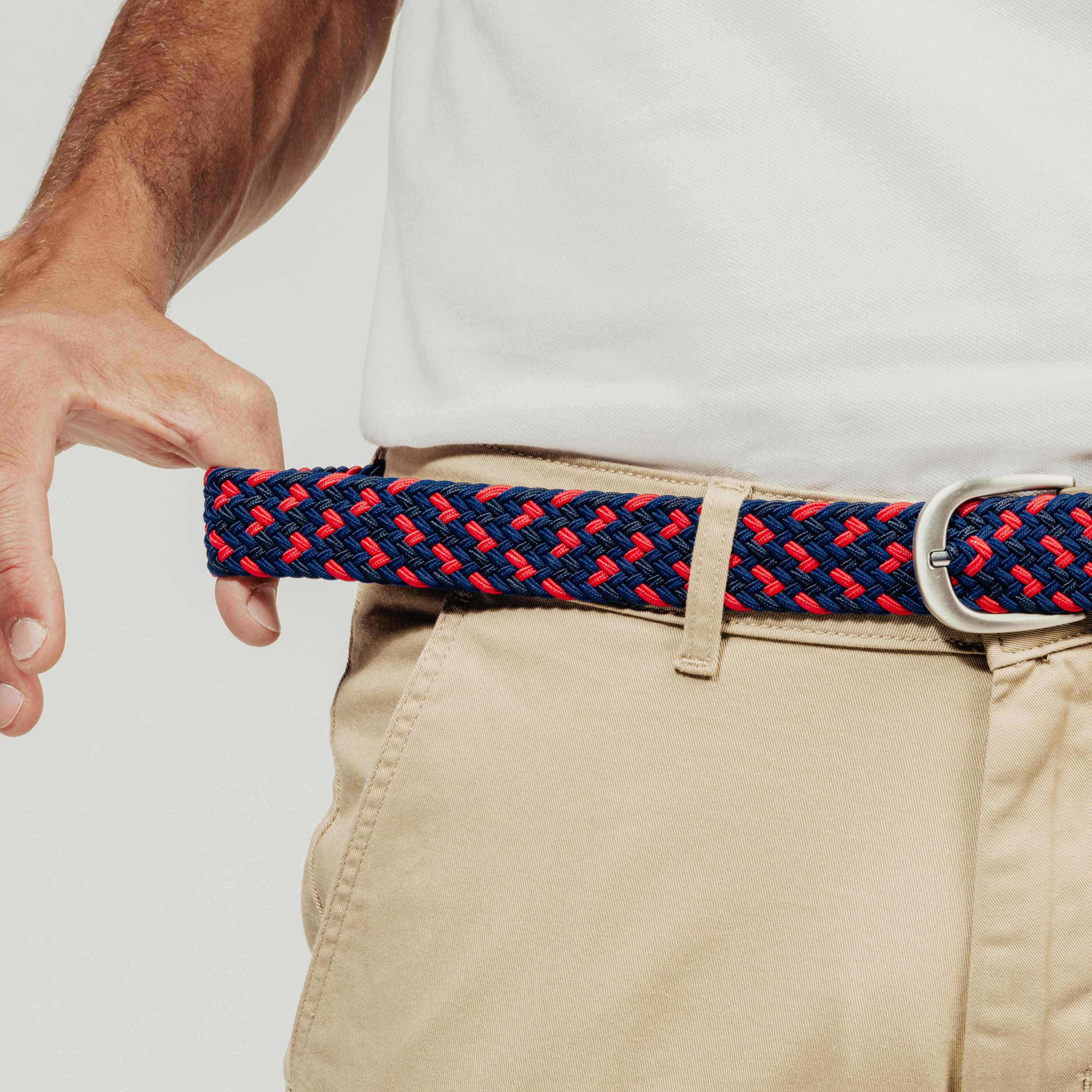 Gevlochten stretch riem voor golf marineblauw en rood 7/8