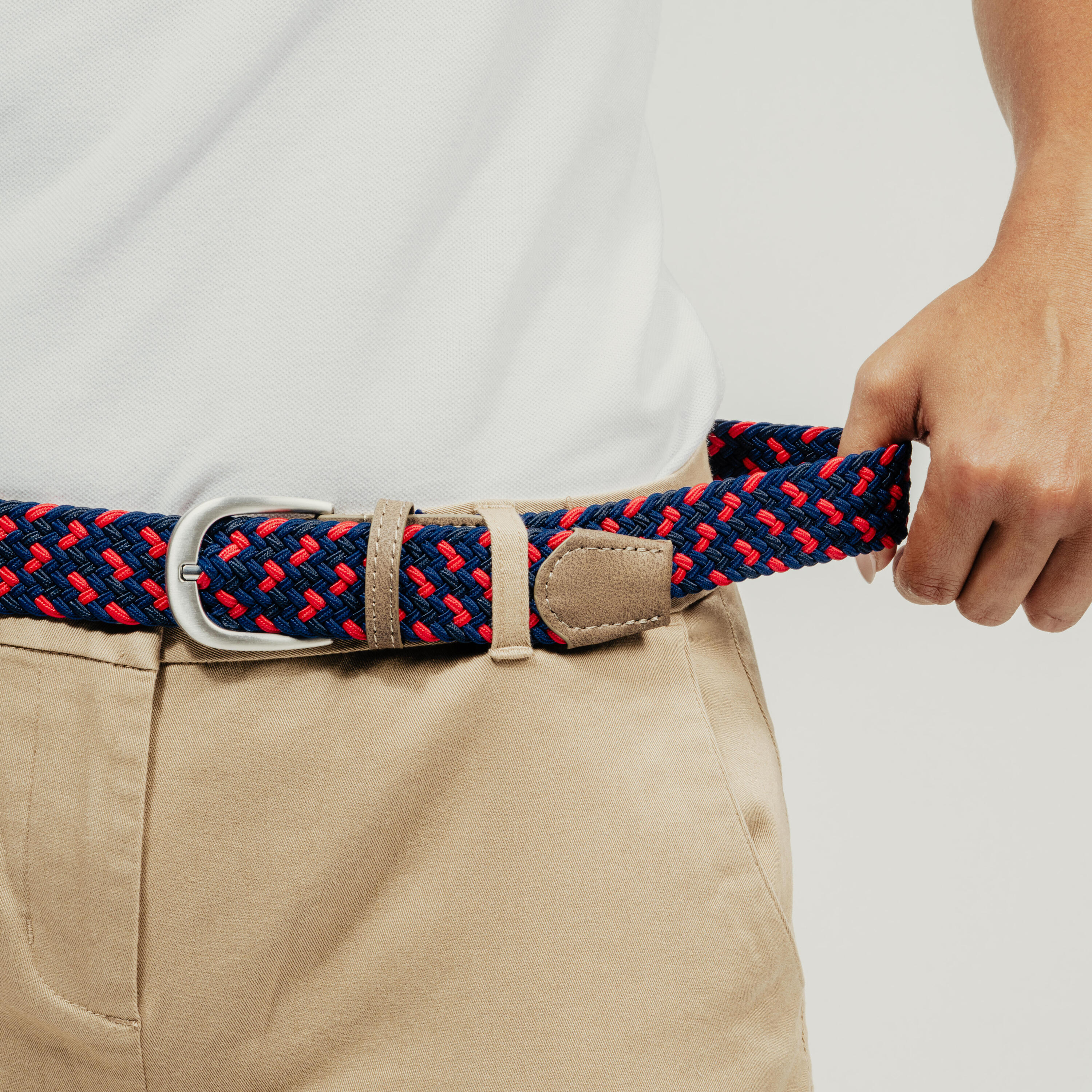 Gevlochten stretch riem voor golf marineblauw en rood 5/8