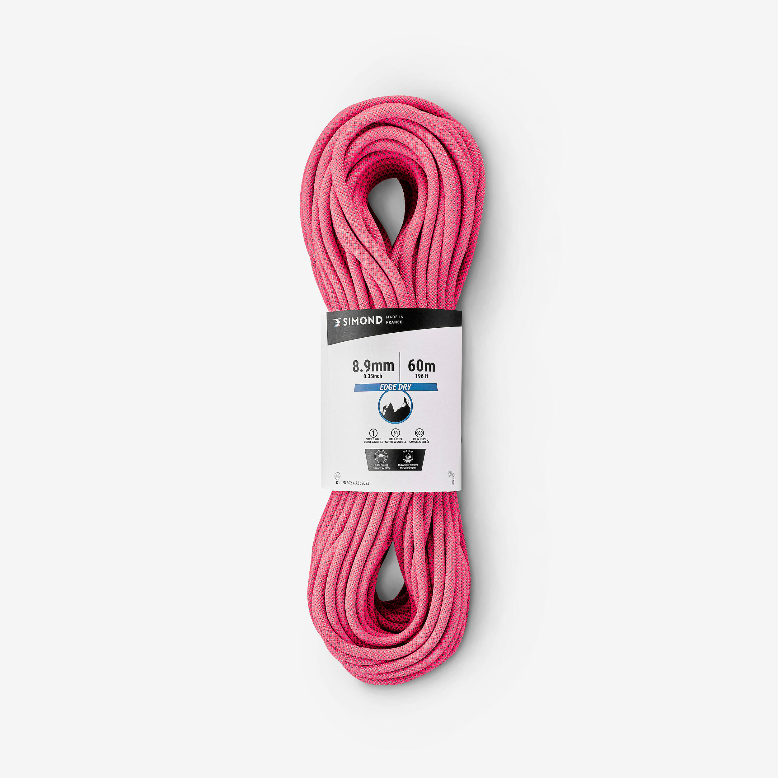 SIMOND Kletterseil Dreifachnorm 8,9 mm × 60 m ‒ Edge Dry rosa 