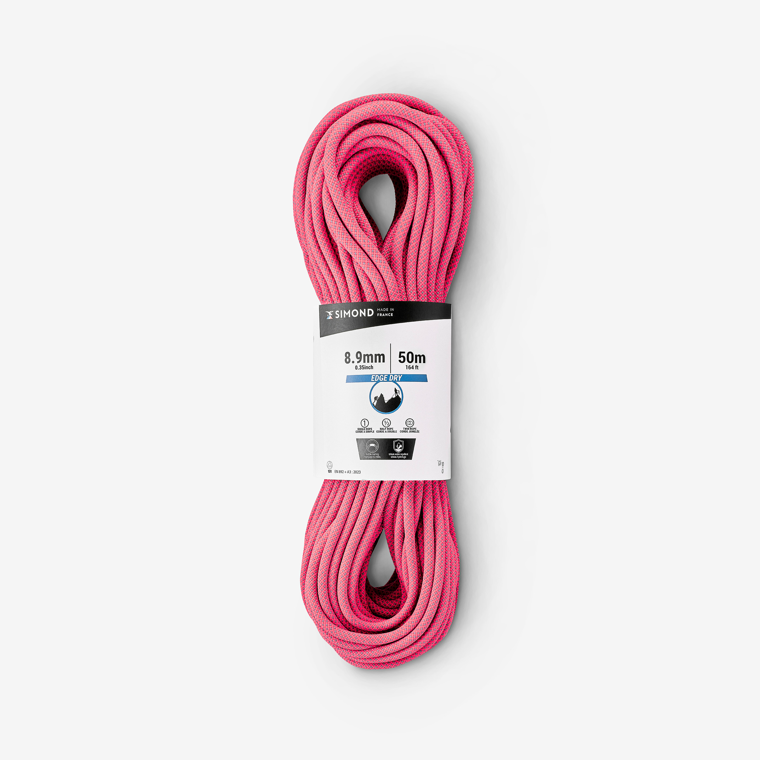Corde dry triple norme d'escalade et d'alpinisme 8.9 mm x 50 m - edge dry rose - Escalade - Simond- Clubs - Entreprises - Collectivités - Associations