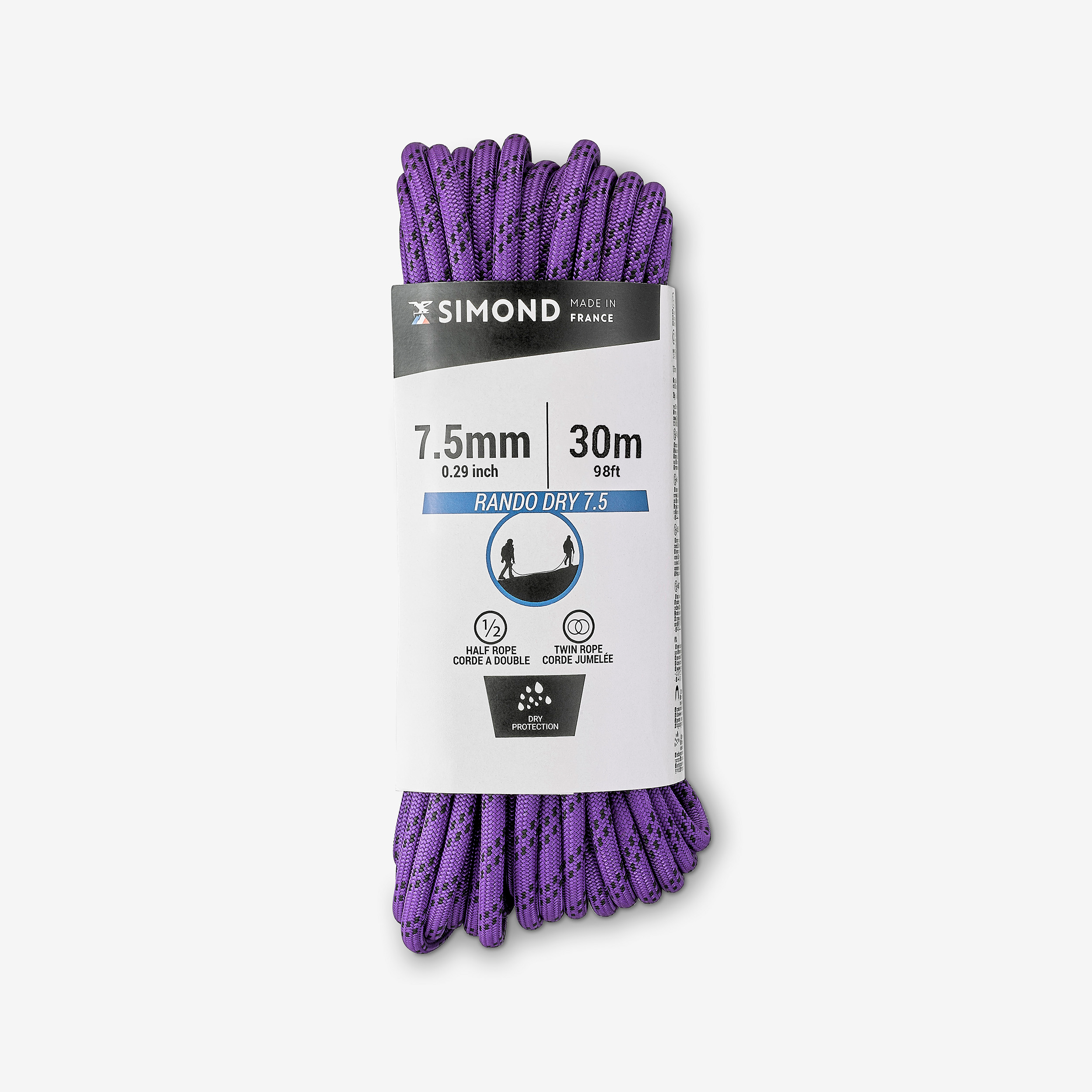 Corde a double dry 7.5 mm x 30m - rando dry violette - Escalade - Simond- Clubs - Entreprises - Collectivités - Associations