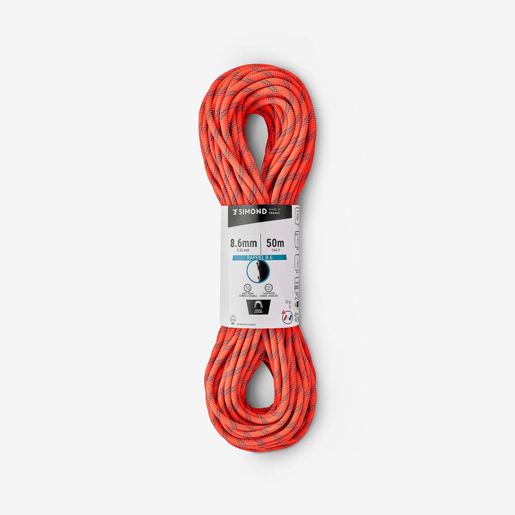 Double climbing and mountaineering rope 8.6 mm x 50 m - RAPPEL 8.6 orange