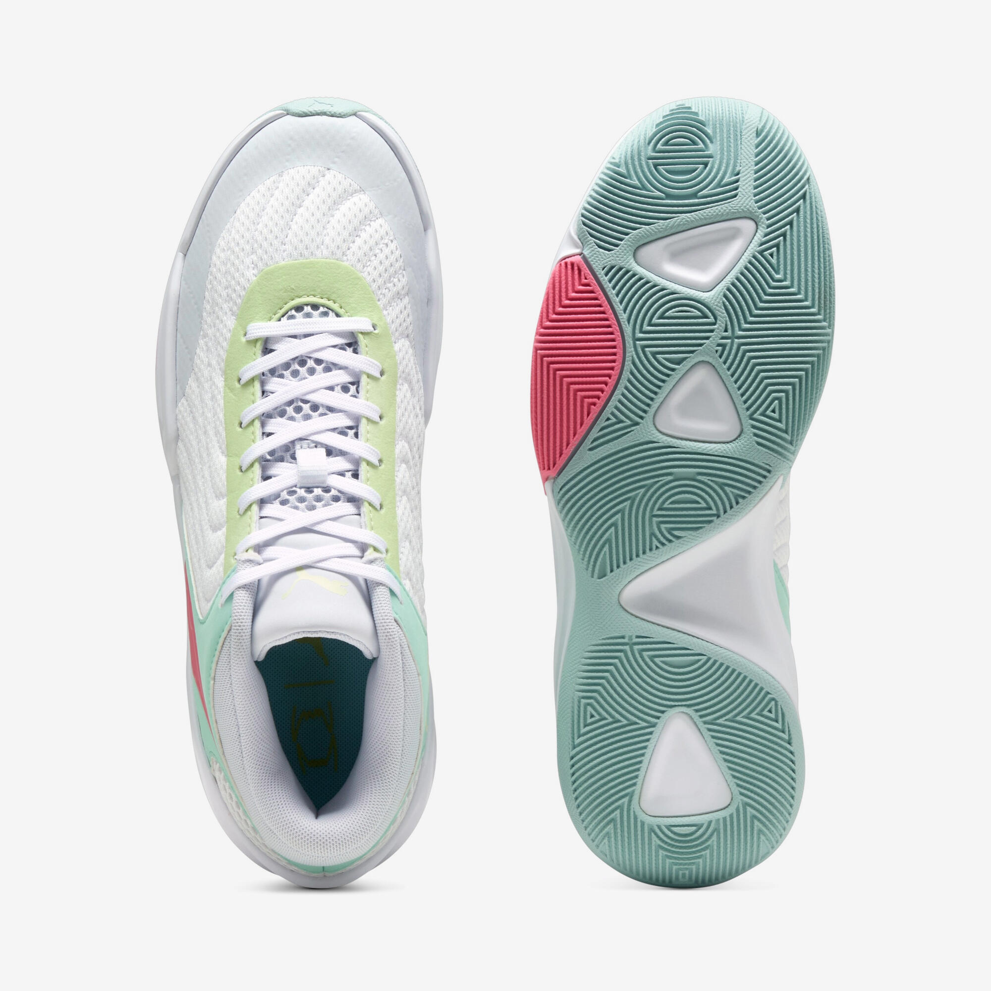 Basketballschuh für Erwachsene - Puma Court Pro weiss, grün und rosa 3/6