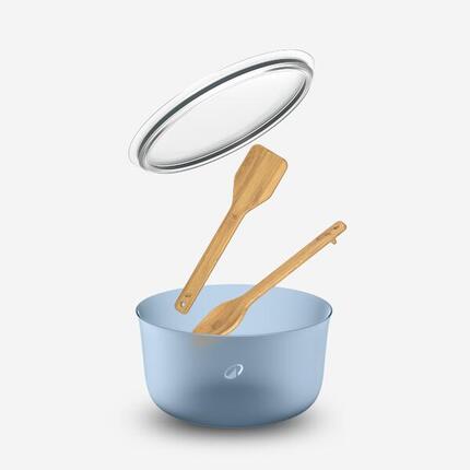 Saladier en plastique 3,5L avec couvercle et couverts en bois, 4 éléments