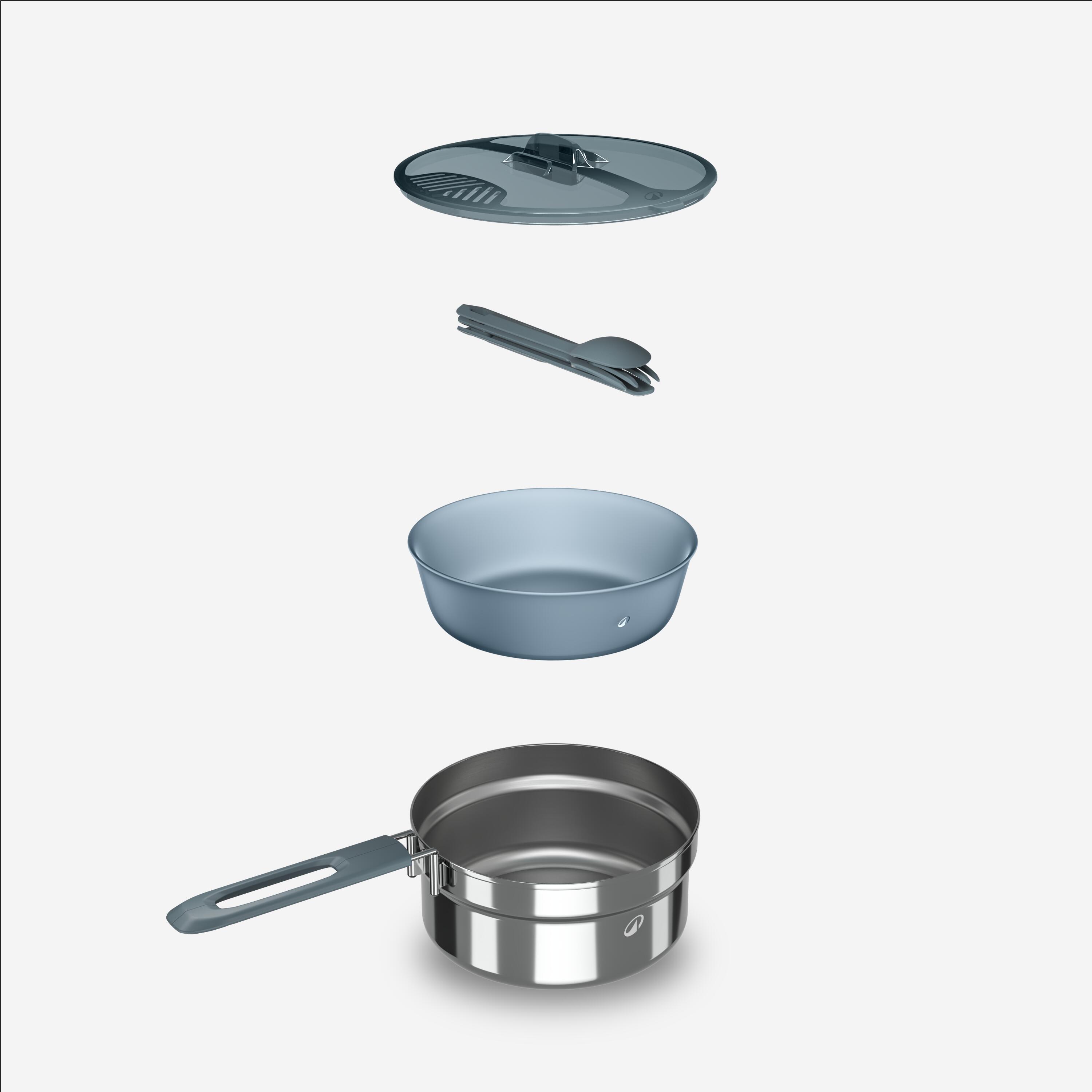 Stainless steel camping cook set, 1-person, 6-piece.