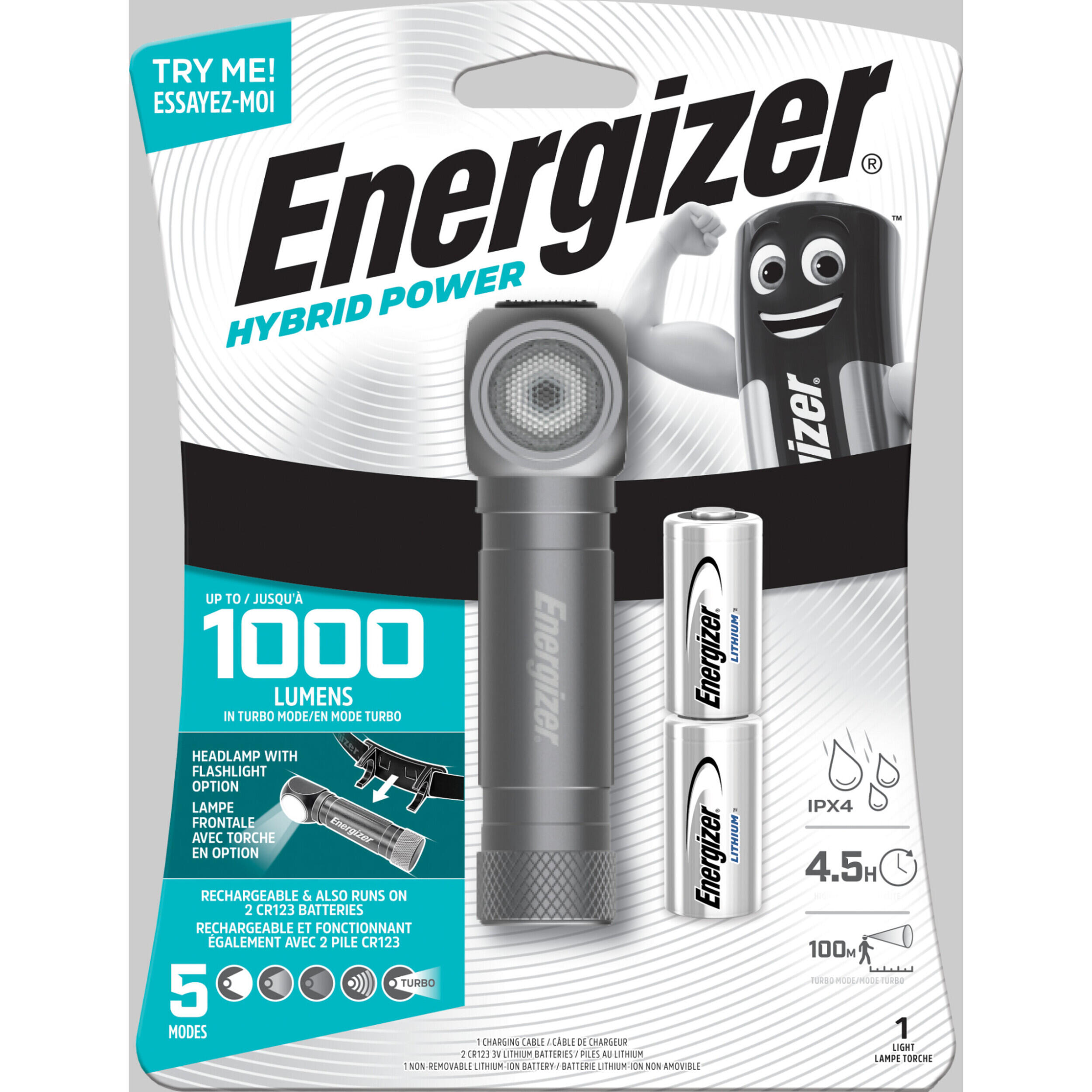 LAMPE FRONTALE & TORCHE ENERGIZER HYBRID - 1000 lumens
