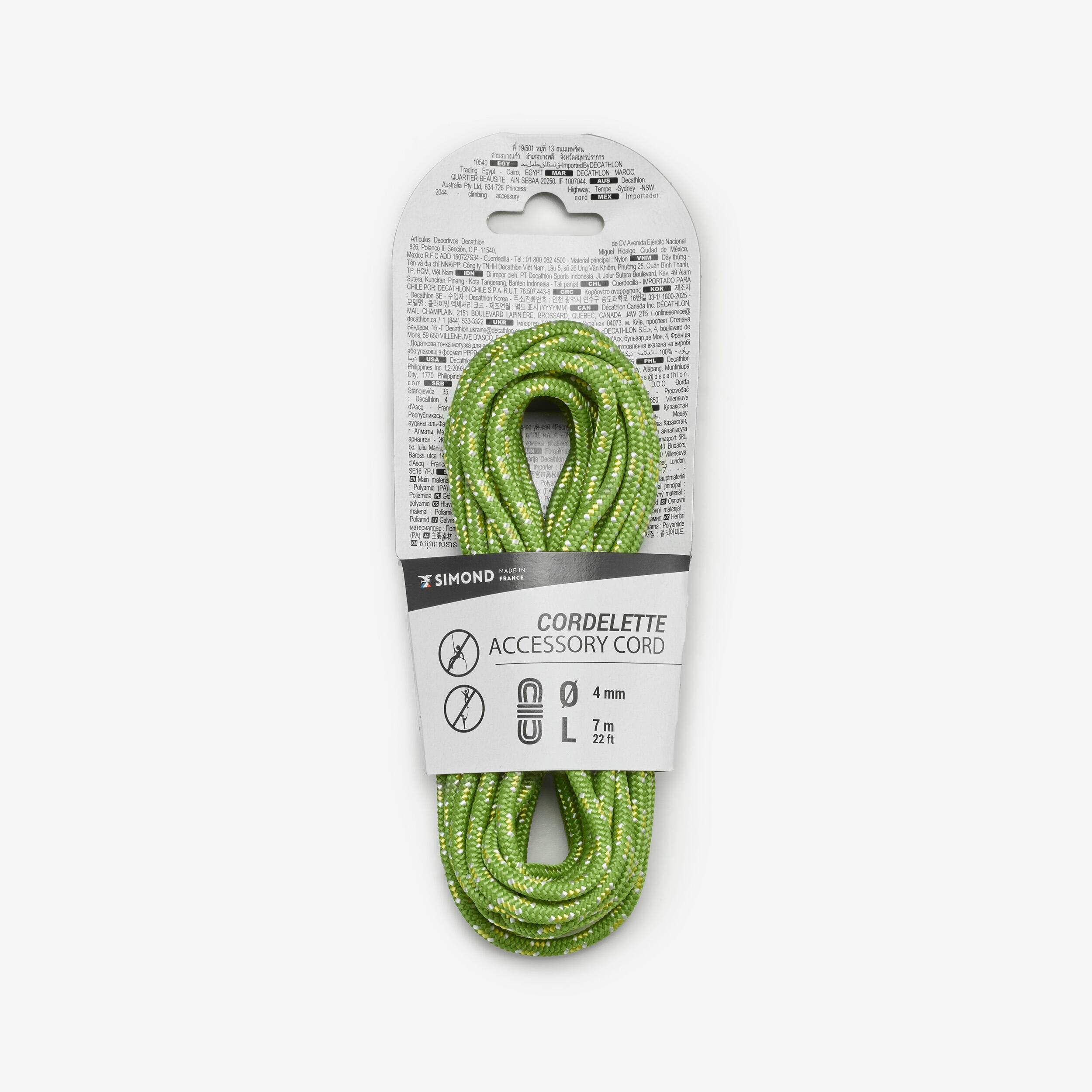 4 mm x 7 m - Accessory Carrying Cord for Climbing Green