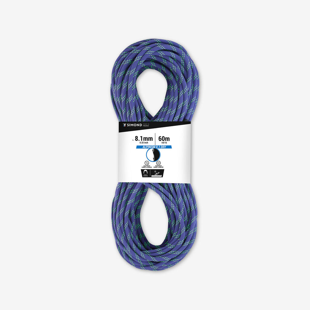 CLIMBING AND MOUNTAINEERING HALF ROPE - ABSEIL ALPINISM 8.1 MM X 60M BLUE