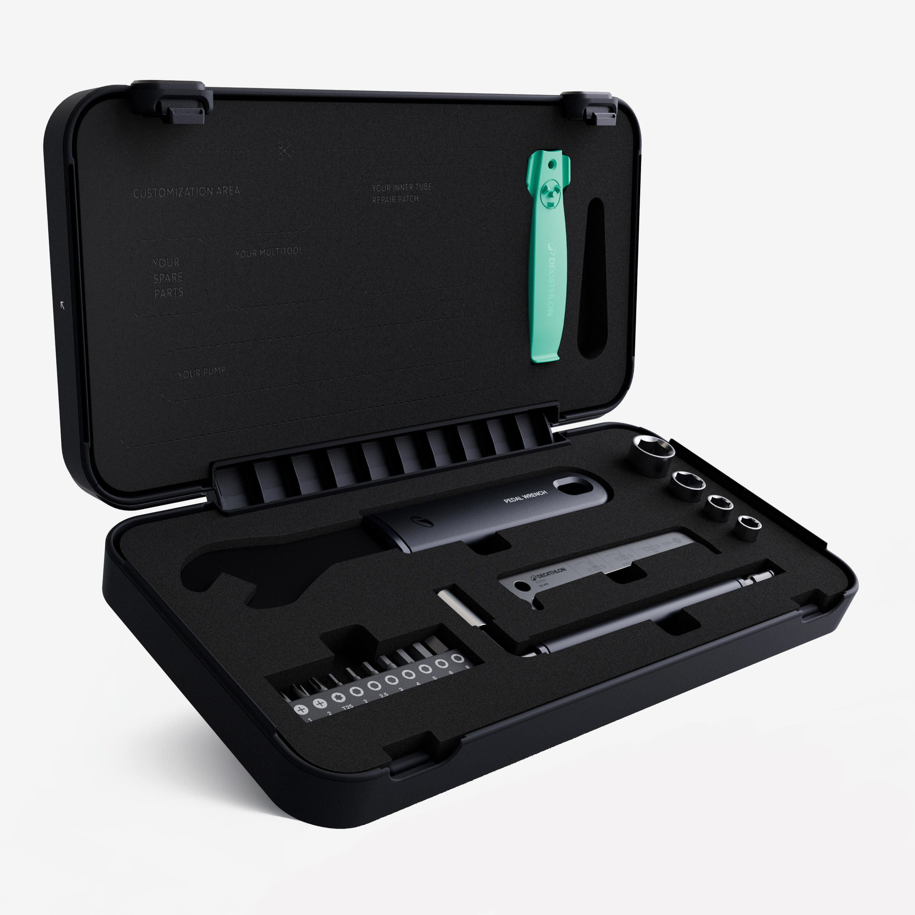 Organized bicycle repair tools arranged in a protective case for maintenance and inspection