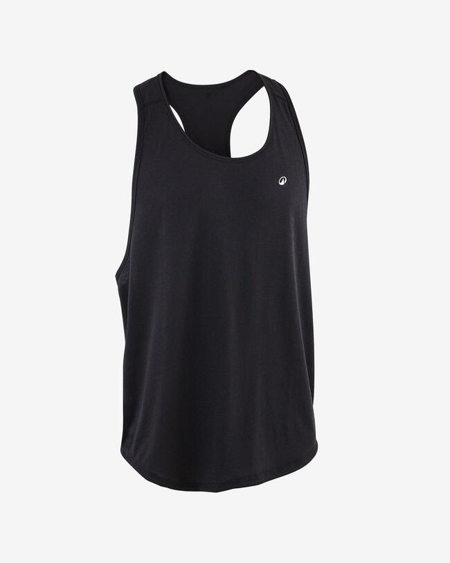 Schwarzes, ärmelloses Sport-Tanktop mit Racerback-Rücken und kleinem, weißem Logo.