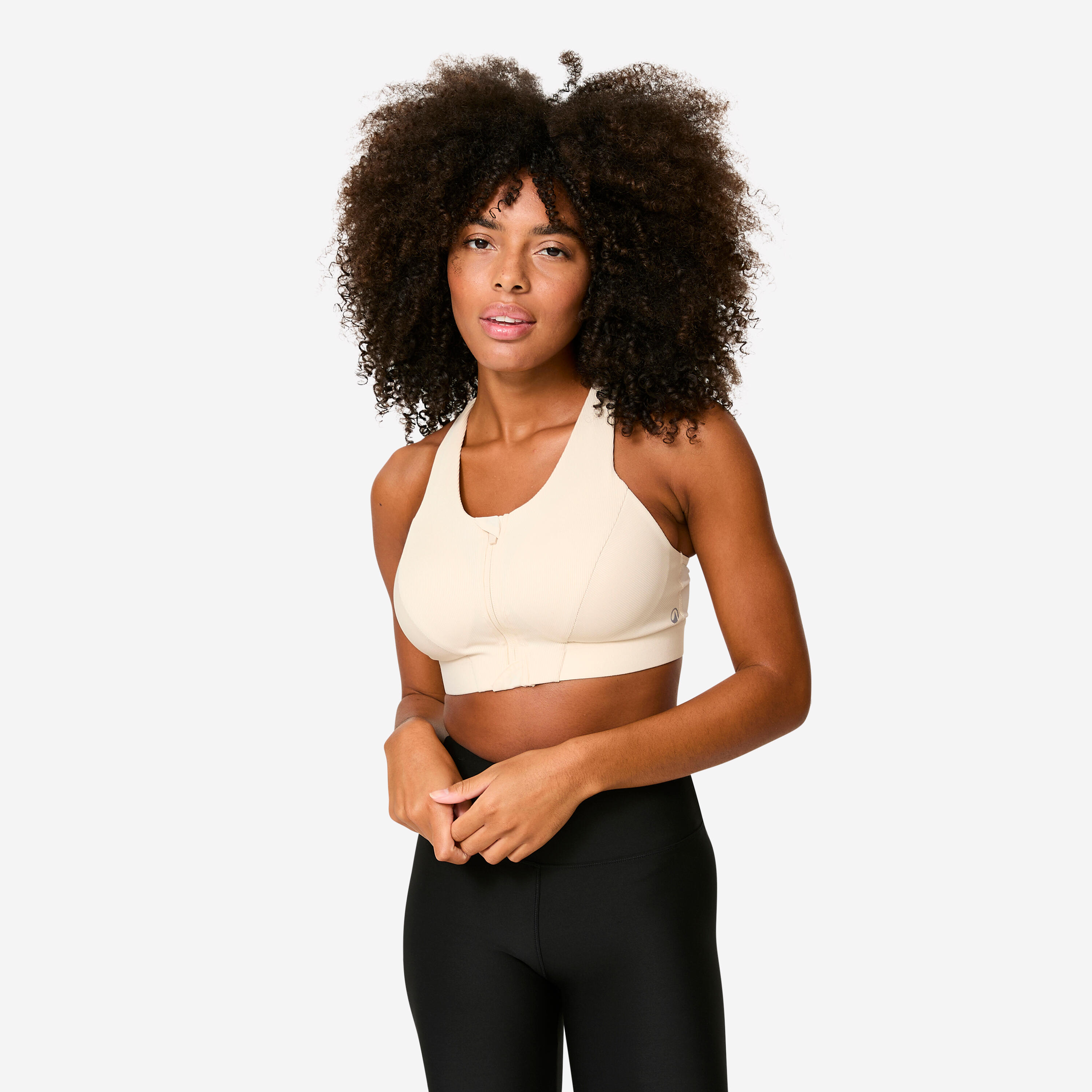 Women's Medium Support Ribbed Zip-Up Sports Bra - Beige
