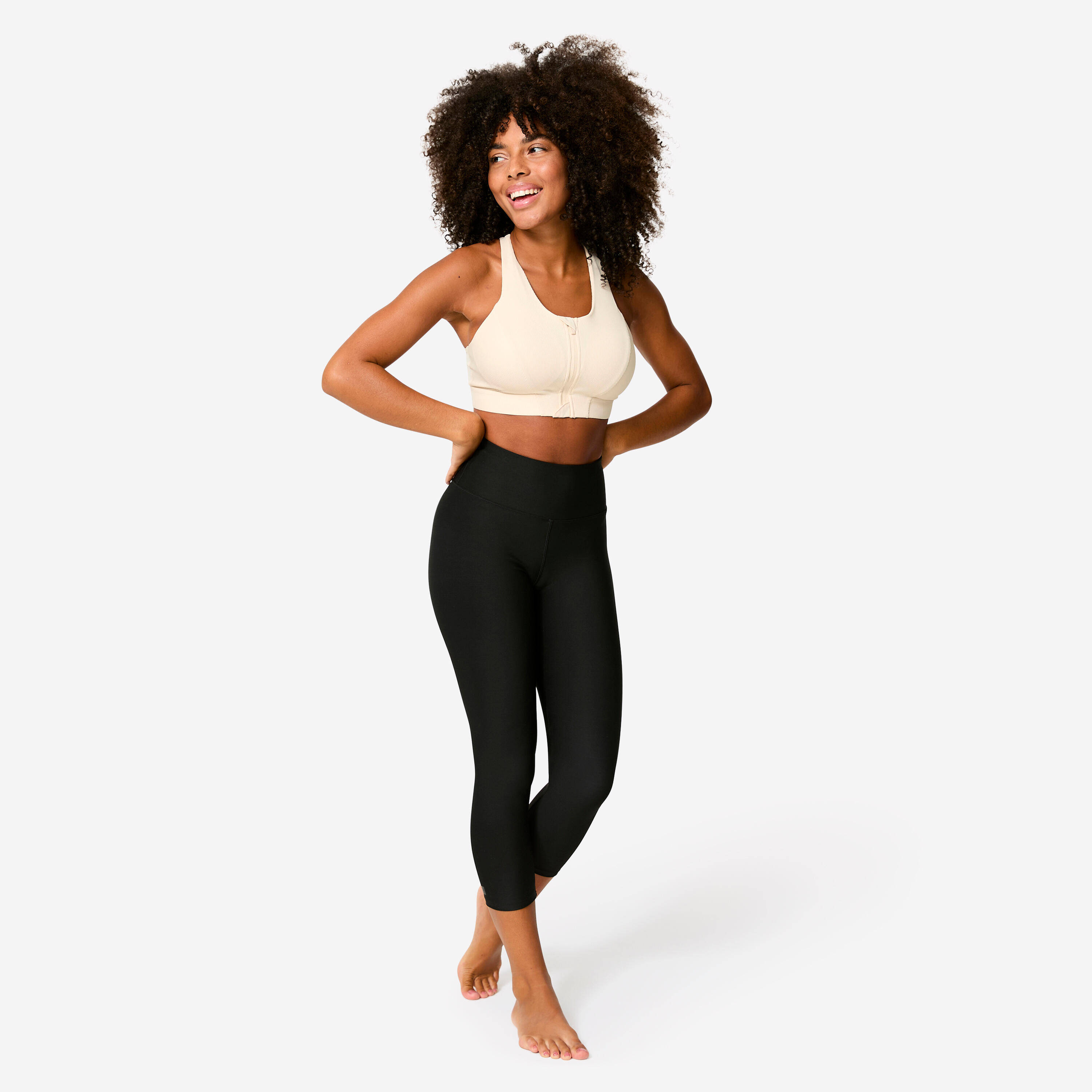 Women's Medium Support Ribbed Zip-Up Sports Bra - Beige -  2